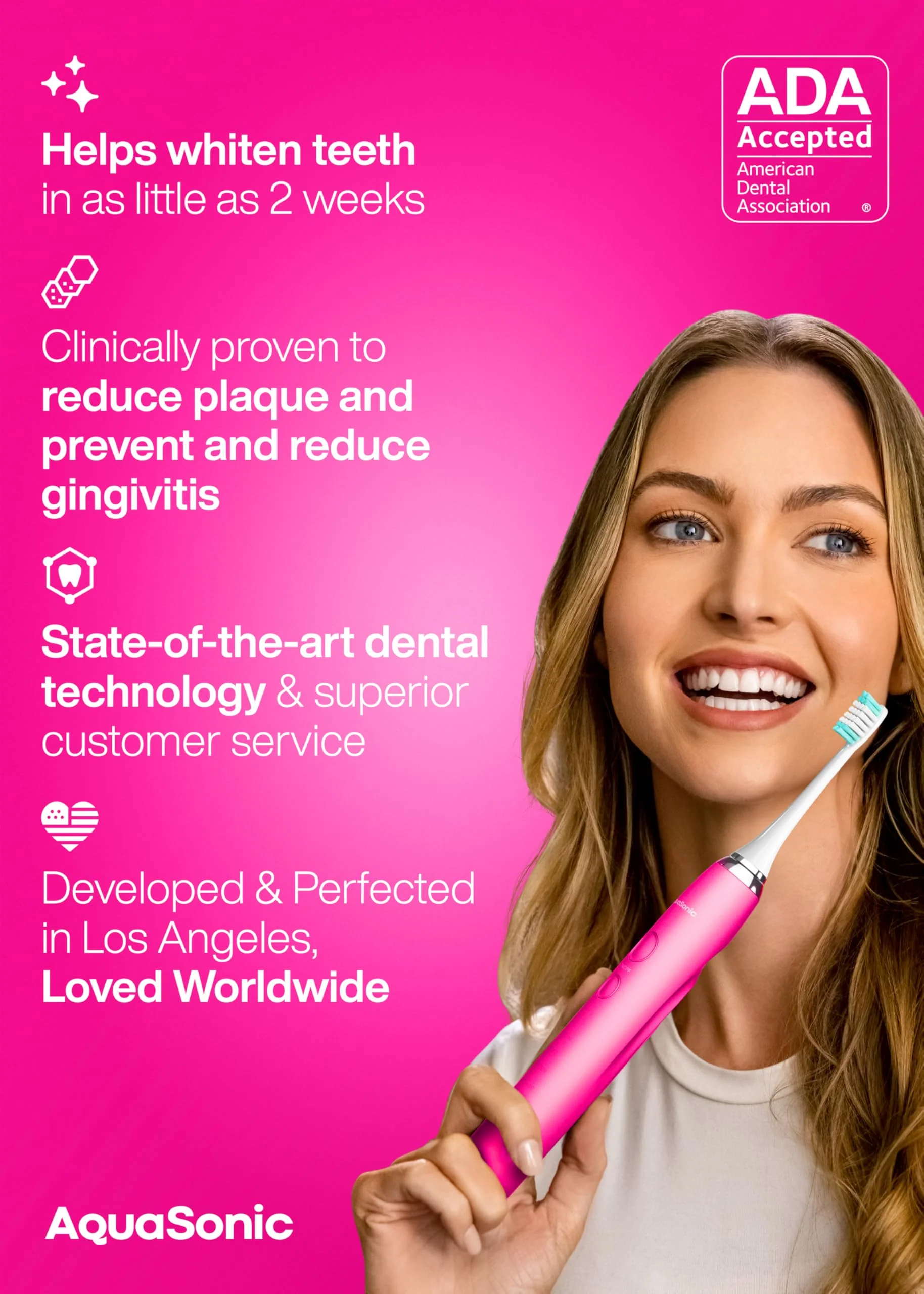 Aquasonic Vibe Series Ultra-Whitening Toothbrush – ADA Accepted Electric Toothbrush - 8 Brush Heads & Travel Case – 40,000 VPM Motor & Wireless Charging - 4 Modes w Smart Timer – Electric Pink - Image 3