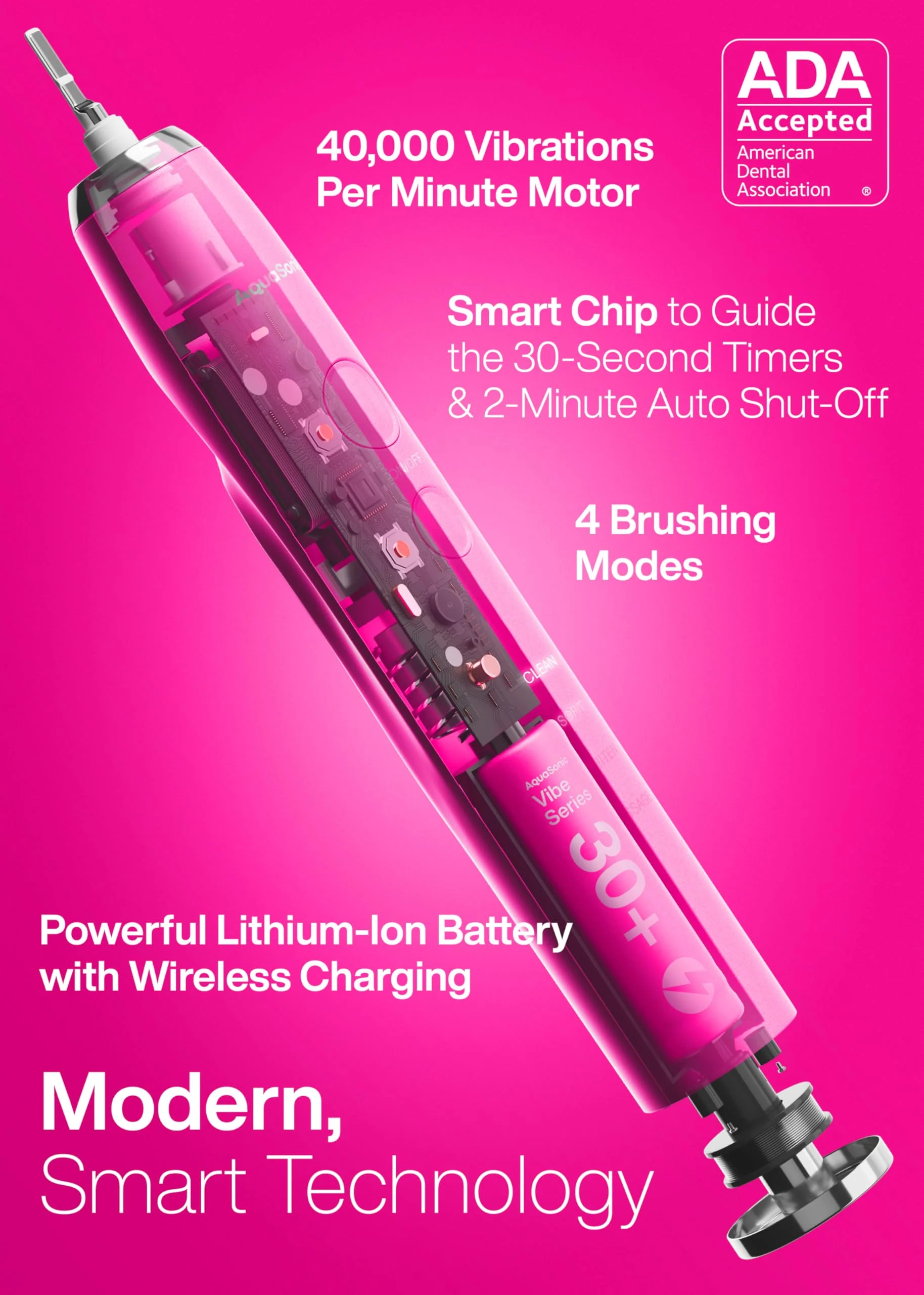 Aquasonic Vibe Series Ultra-Whitening Toothbrush – ADA Accepted Electric Toothbrush - 8 Brush Heads & Travel Case – 40,000 VPM Motor & Wireless Charging - 4 Modes w Smart Timer – Electric Pink - Image 7