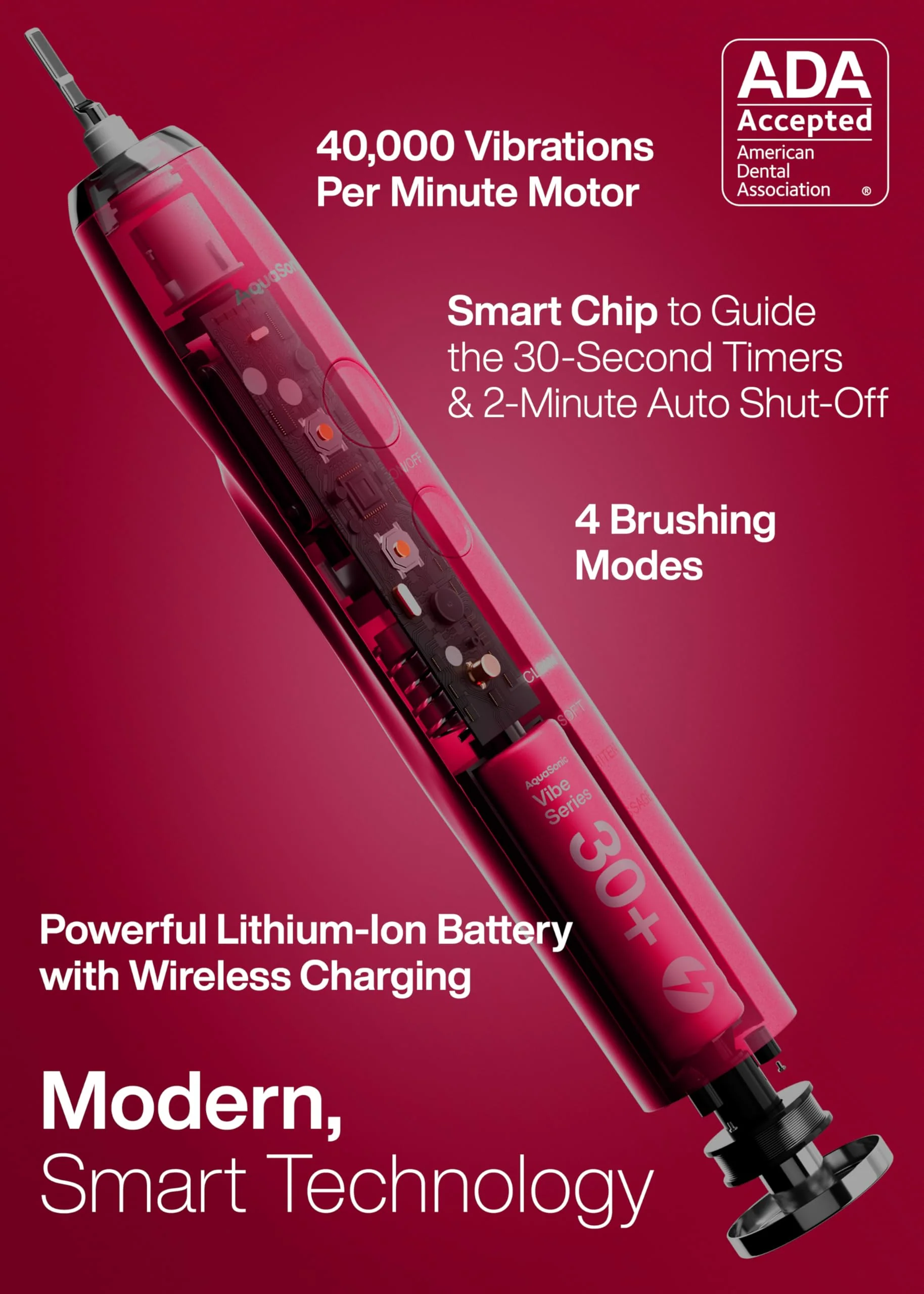 Aquasonic Vibe Series Ultra-Whitening Toothbrush – ADA Accepted Electric Toothbrush - 8 Brush Heads & Travel Case – 40,000 VPM Motor & Wireless Charging - 4 Modes w Smart Timer – Ruby - Image 7