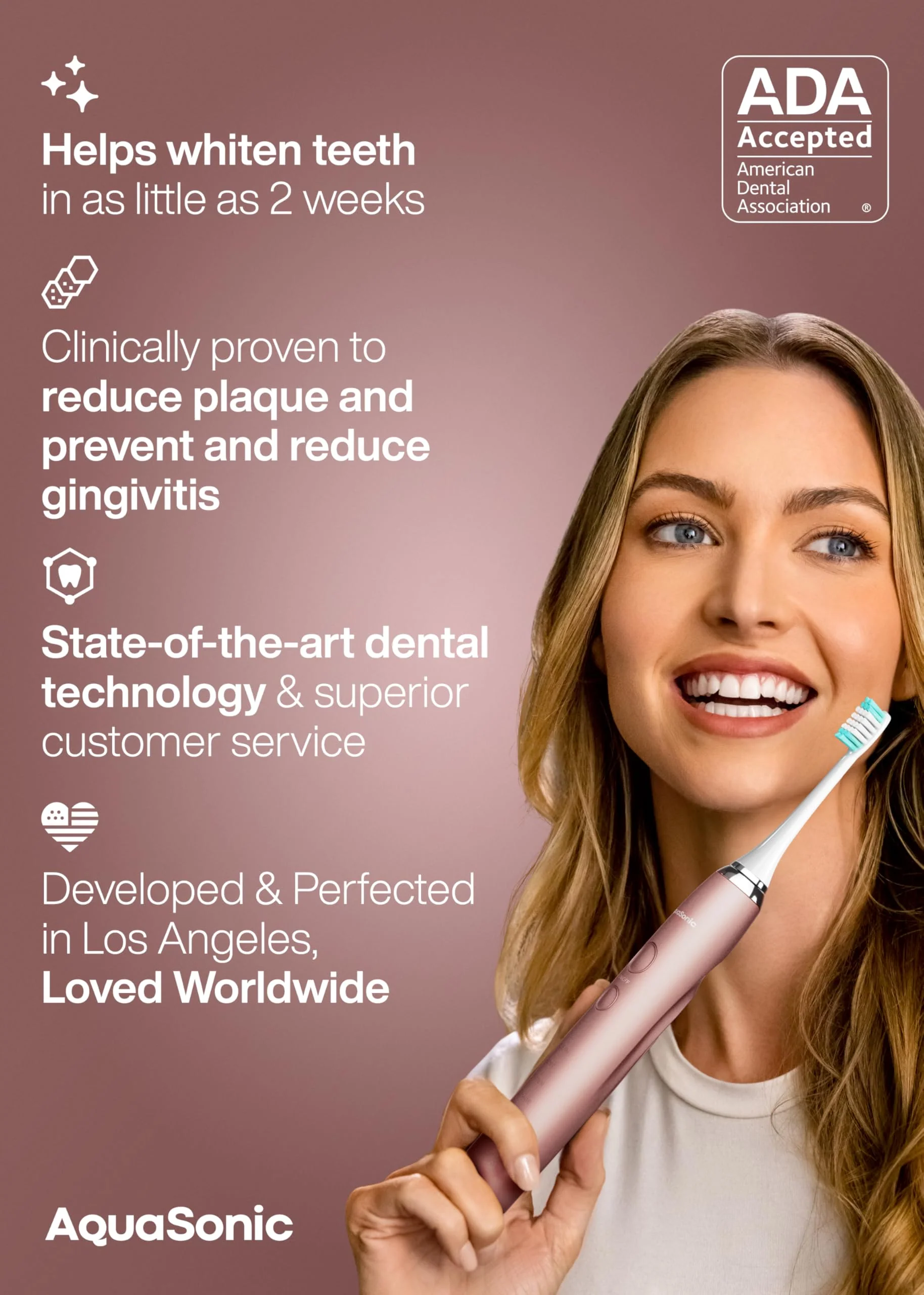 Aquasonic Vibe Series Ultra-Whitening Toothbrush – ADA Accepted Electric Toothbrush - 8 Brush Heads & Travel Case – 40,000 VPM Motor & Wireless Charging - 4 Modes w Smart Timer – Satin Rose Gold - Image 3