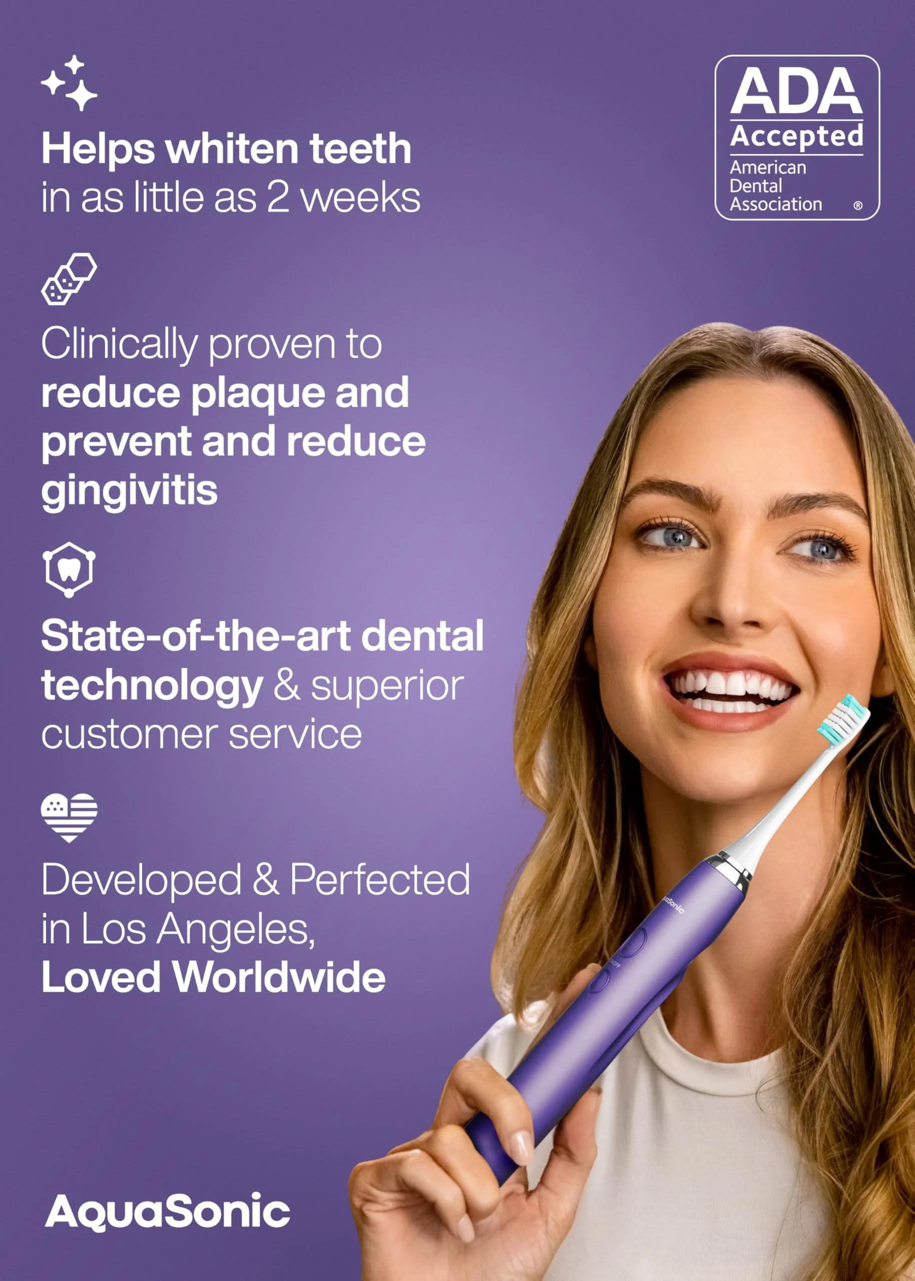 Aquasonic Vibe Series Ultra-Whitening Toothbrush – ADA Accepted Electric Toothbrush - 8 Brush Heads & Travel Case – 40,000 VPM Motor & Wireless Charging - 4 Modes w Smart Timer – Satin Violet - Image 3