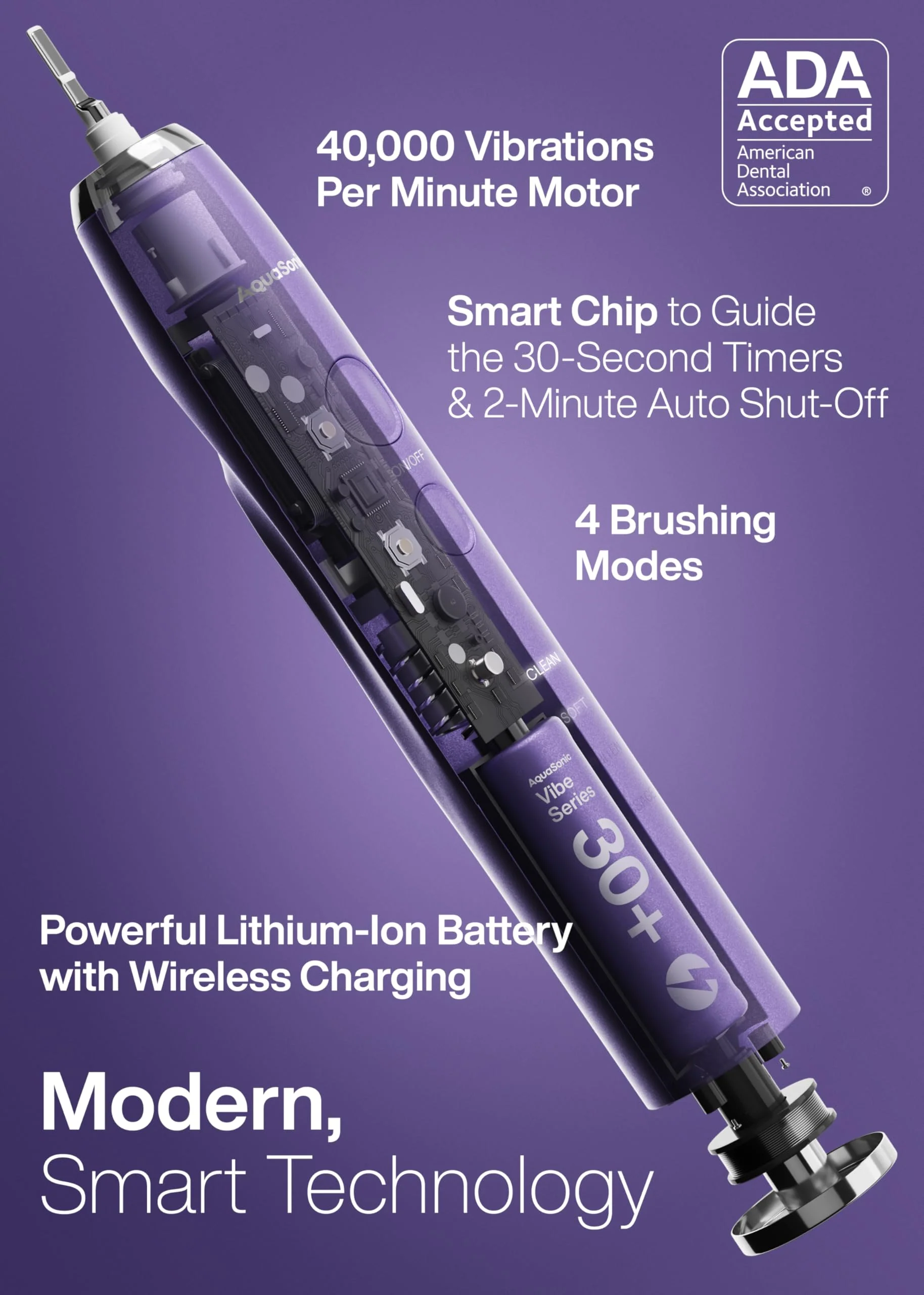 Aquasonic Vibe Series Ultra-Whitening Toothbrush – ADA Accepted Electric Toothbrush - 8 Brush Heads & Travel Case – 40,000 VPM Motor & Wireless Charging - 4 Modes w Smart Timer – Satin Violet - Image 7