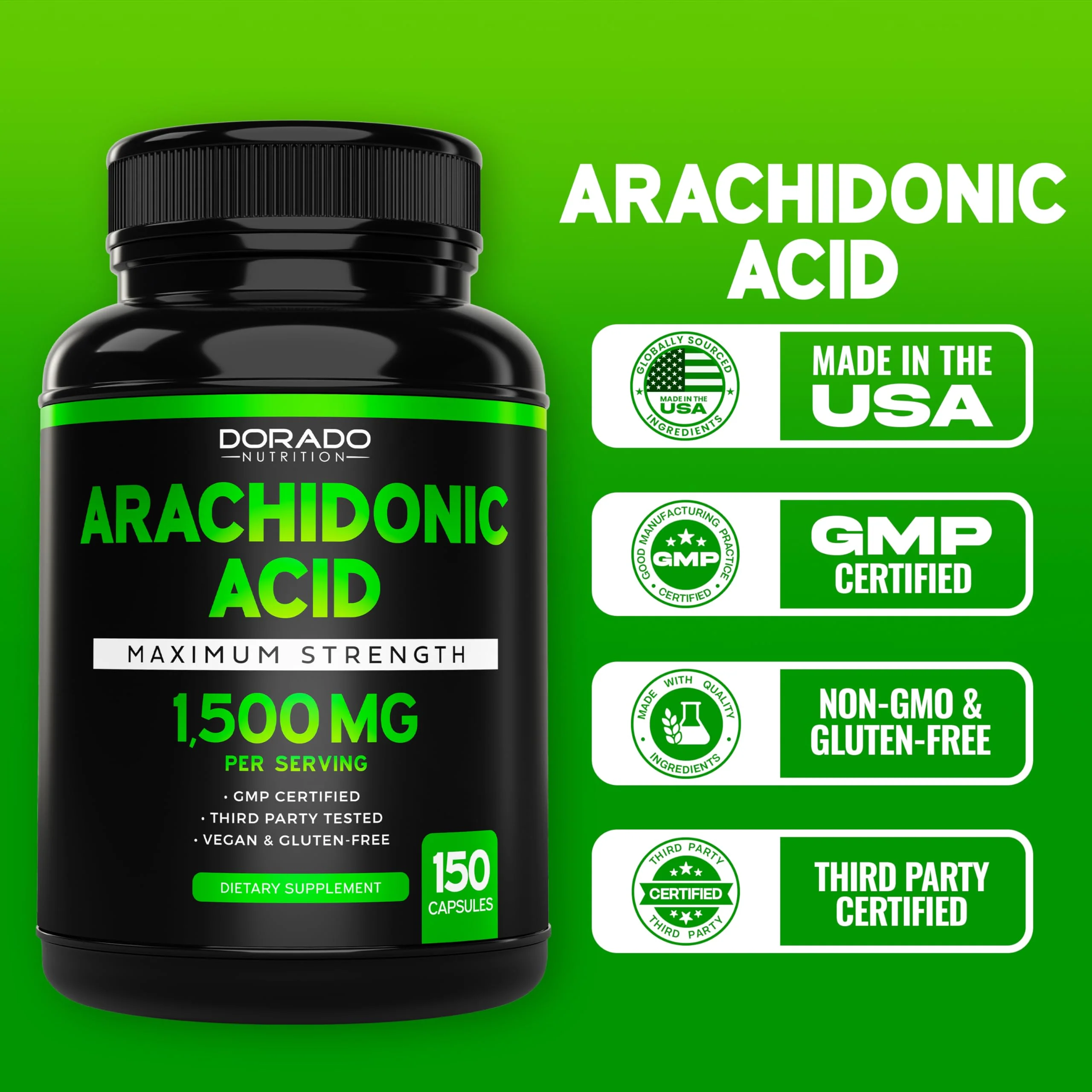 Arachidonic Acid Supplement 1500mg (150 Capsules) - Muscle and Strength Supplement for Muscle Mass & Recovery for Men & Women - Gluten Free & Non-GMO - 3rd Party Tested - (150 Capsules) - Image 2