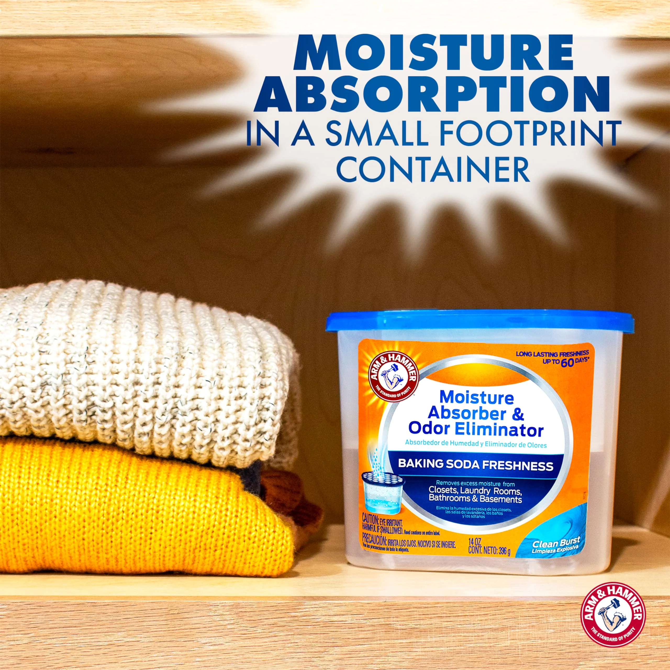 Arm & Hammer Clean Burst Moisture Absorber and Odor Eliminator Tubs, 14 oz, 3 Pack, Attract and Trap Excess Moisture, Eliminate Musty Odors, Convenient and Effective, White - Image 4