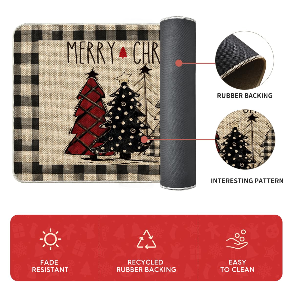Artoid Mode Buffalo Plaid Xmas Tree Merry Christmas Kitchen Mats Set of 2, Winter Home Decor Low-Profile Kitchen Rugs for Floor - 17x29 and 17x47 Inch - Image 2
