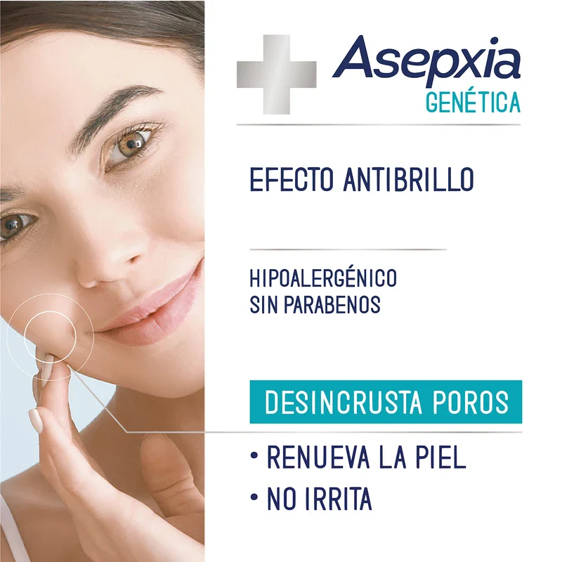 Asepxia GENÉTICA, Gel EXFOLIANTE MICELAR, dermatológicamente probado, para pieles con gen graso, limpia suavemente desincrustando los poros y removiendo células muertas, renueva la piel, con EFECTO ANTIBRILLO, tubo 100 g - Image 3