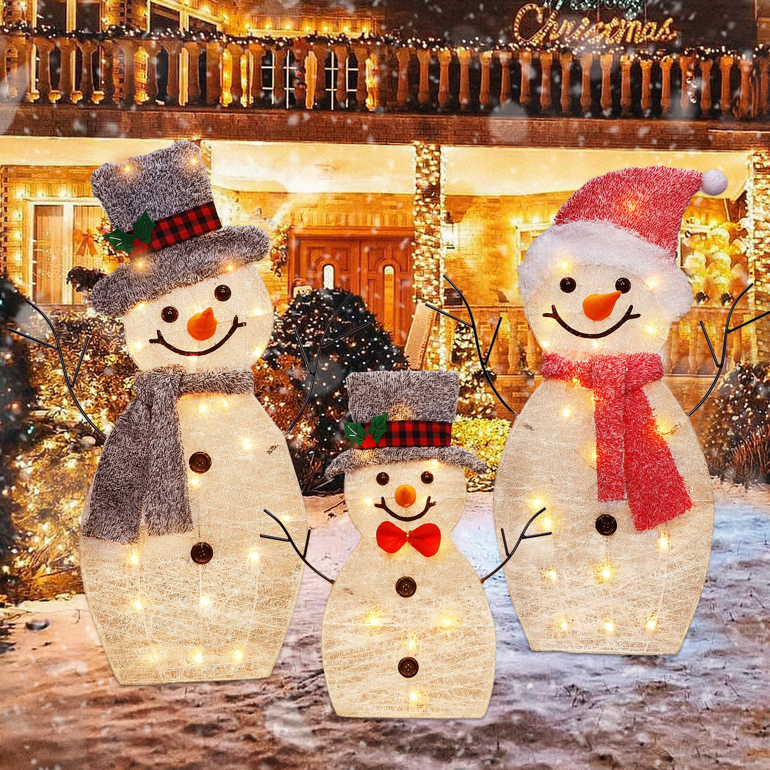 ATDAWN Light Up Snowman Family, Pre-Lit 60 Lights Christmas Collapsible Snowman Outdoor Decoration, Outdoor Lighted Snowman Christmas Yard Decorations, SF02 - Image 4