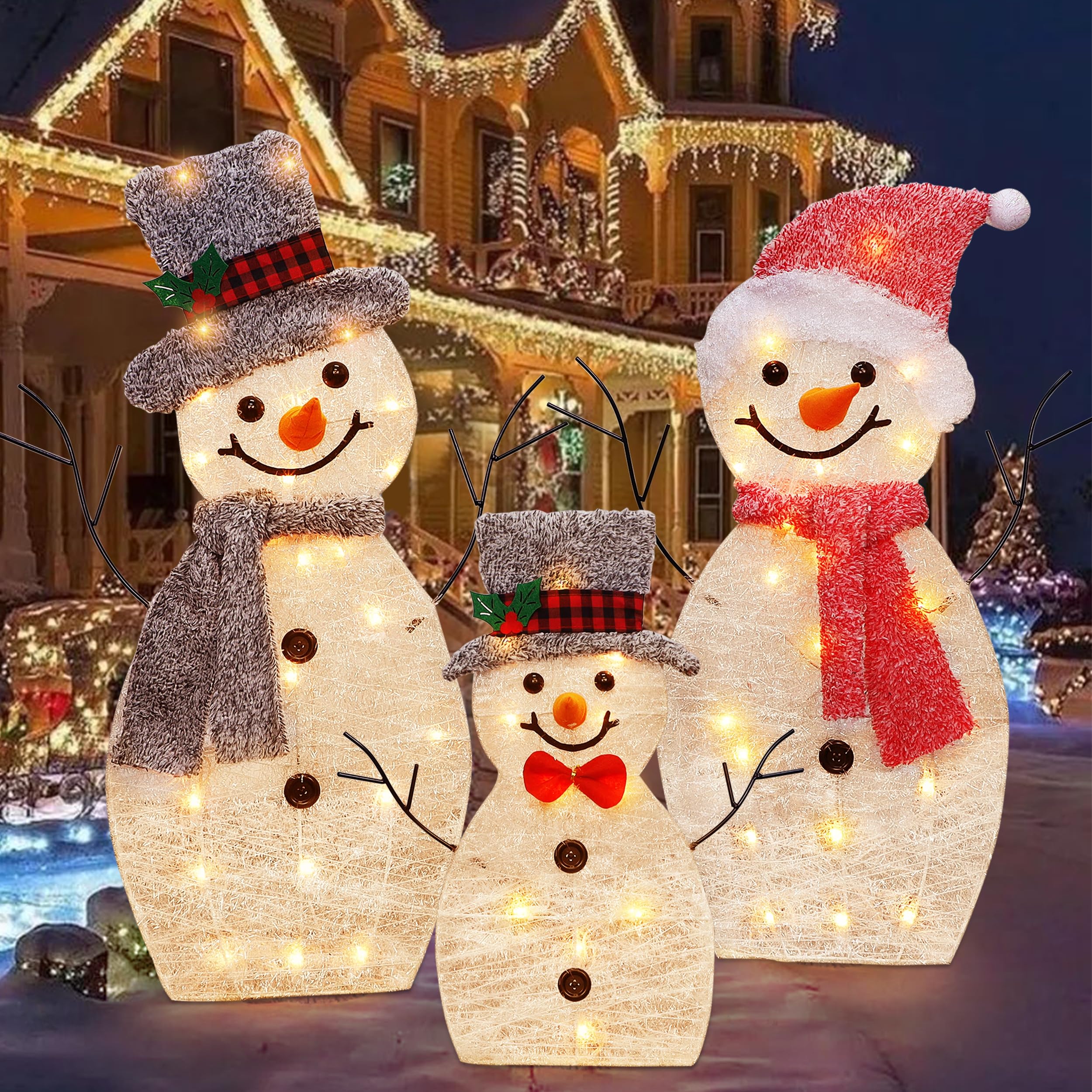 ATDAWN Light Up Snowman Family, Pre-Lit 60 Lights Christmas Collapsible Snowman Outdoor Decoration, Outdoor Lighted Snowman Christmas Yard Decorations, SF02 - Image 5