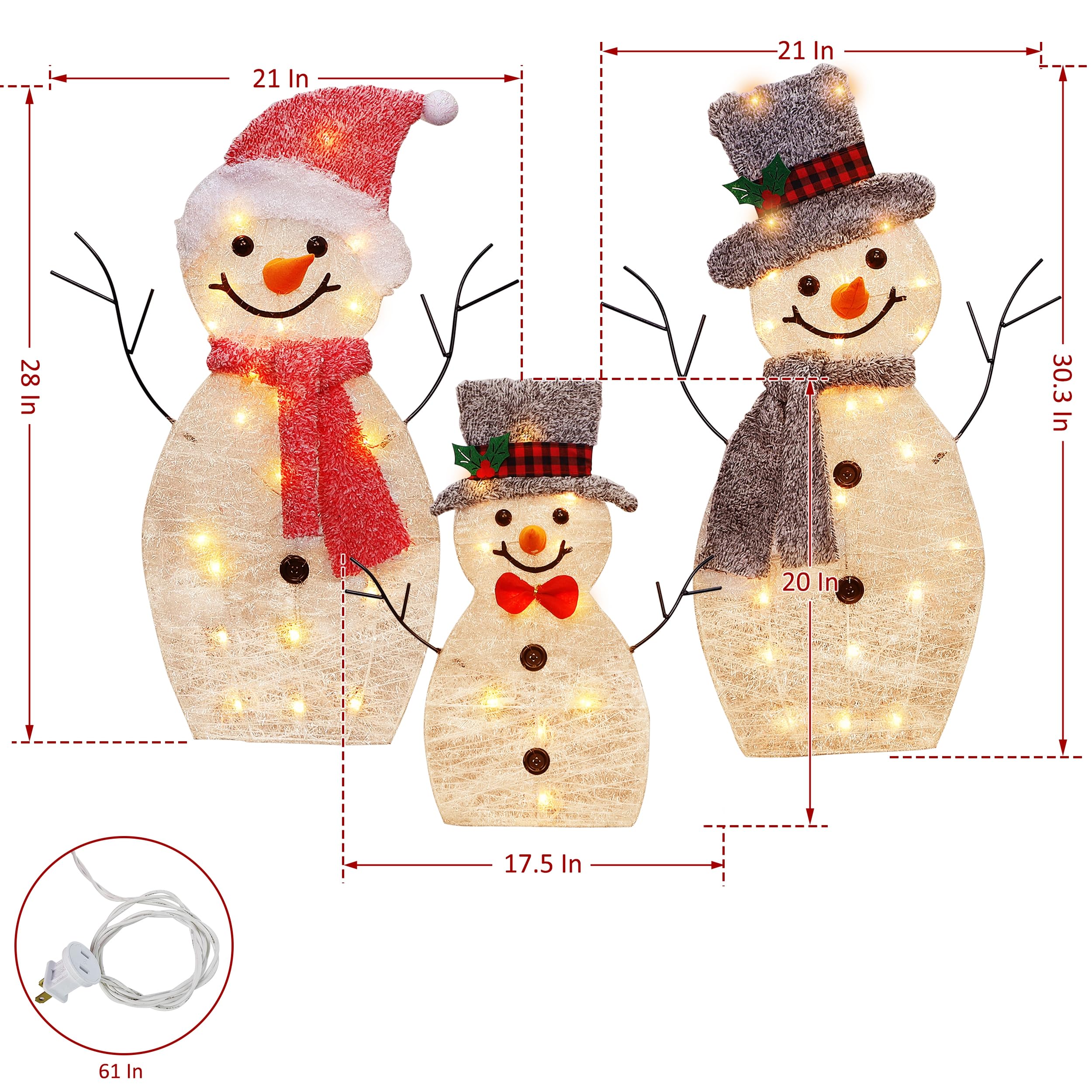 ATDAWN Light Up Snowman Family, Pre-Lit 60 Lights Christmas Collapsible Snowman Outdoor Decoration, Outdoor Lighted Snowman Christmas Yard Decorations, SF02 - Image 7