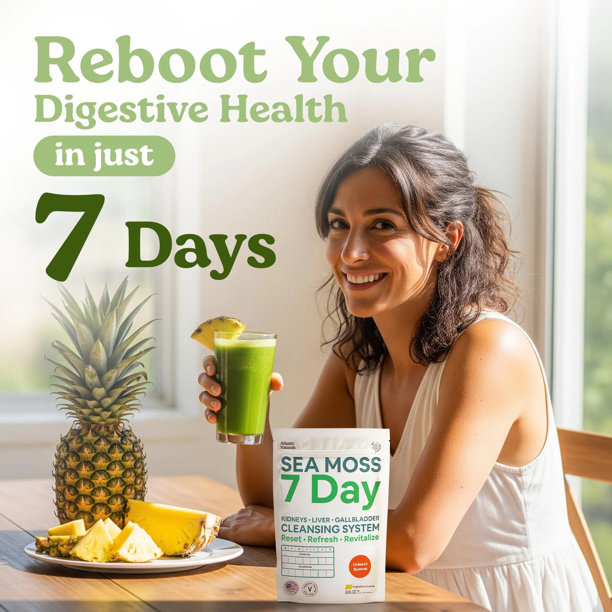 Atlantic Naturals Sea Moss 7 Day Detox Liver, Gallbladder & Kidney Cleanse - Support with Dandelion Root, Milk Thistle, Burdock Root, Red Clover, Chanca Piedra - Pineapple Flavor Drink Mix (14 oz) - Image 3