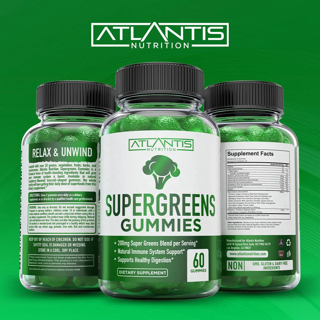 Atlantis Nutrition Supergreens Gummies - Daily Green Superfoods Supplement with Spinach, Broccoli, Moringa, Beet Root, Celery, Green Tea, & Acai for Immunity Support - Natural Raspberry Flavor, 60 cnt - Image 5
