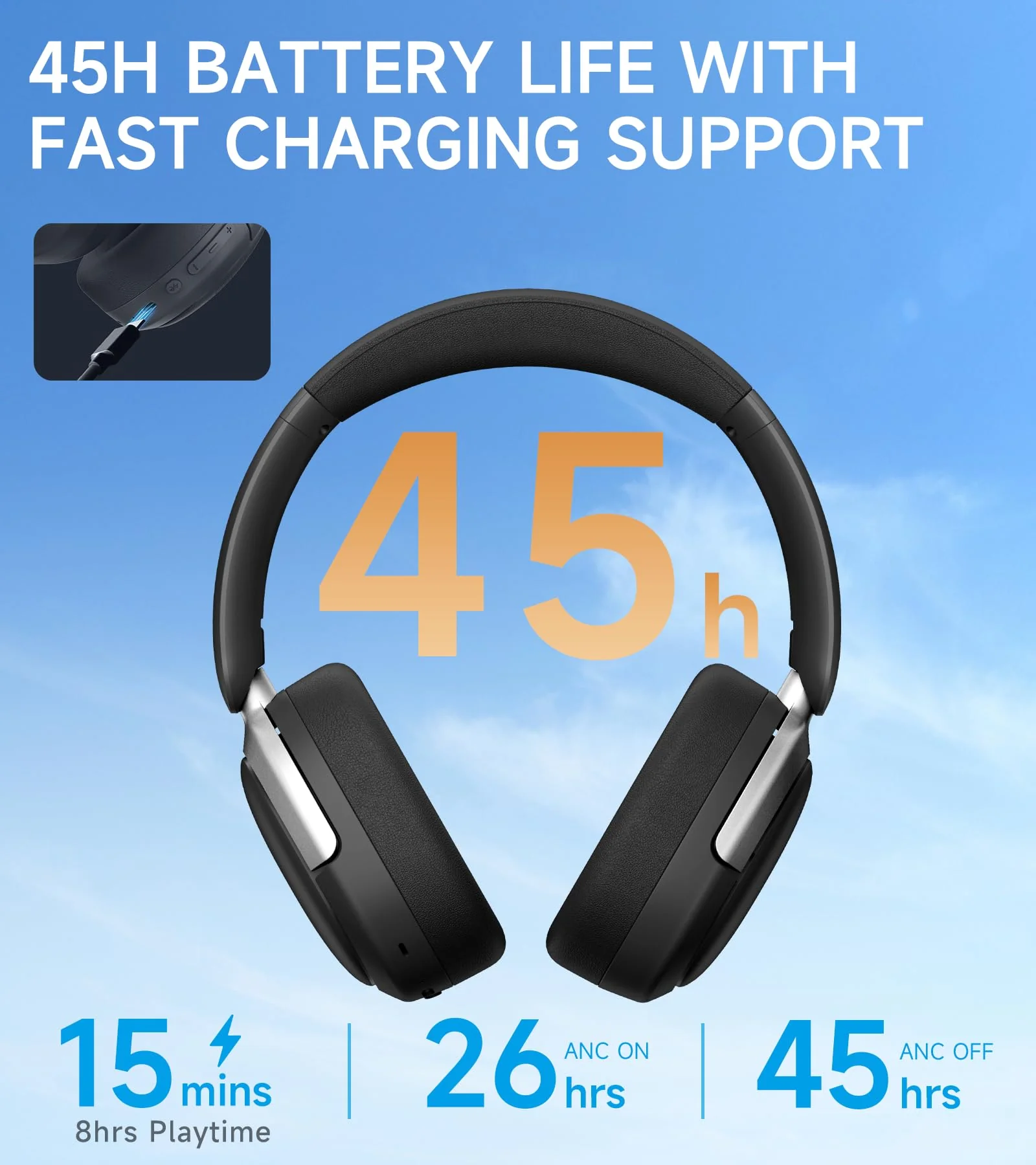 Atom Max - Hybrid Active Noise Cancelling Headphones, Hi-Res Audio, Wireless Over-Ear, Lightweight and Foldable, Comfortable earpads, 45H Playtime and Speed Charge, Customize via an App, Black - Image 5