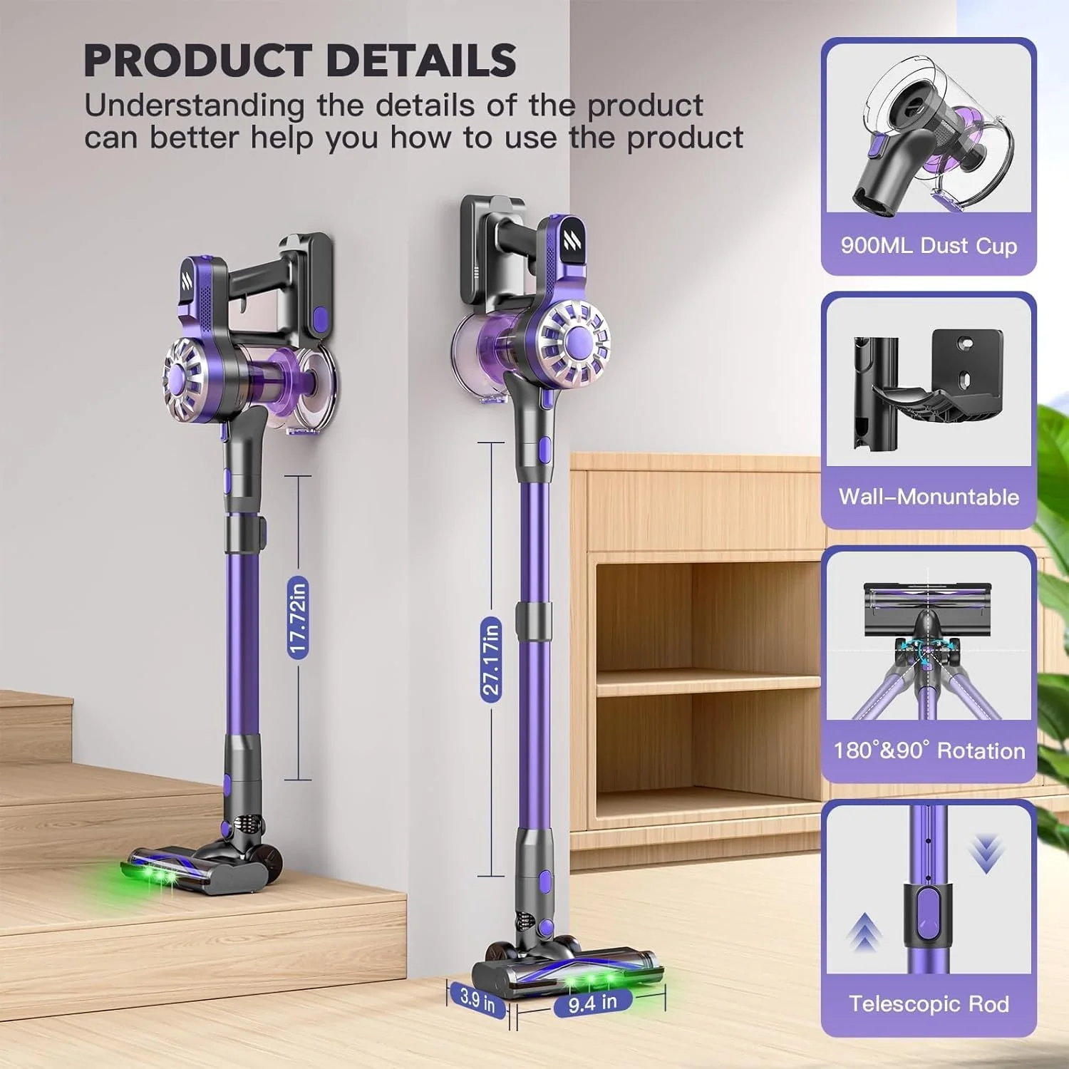 ATTELL Cordless Vacuum Cleaner,28Kpa Strong Suction,Wall Mounted Charging,Removable Battery,Green Light to Show Dust,Low Noise Handheld Vacuum Cleaner,Suitable for Carpets,Pet Hair, Hard Floors - Image 3