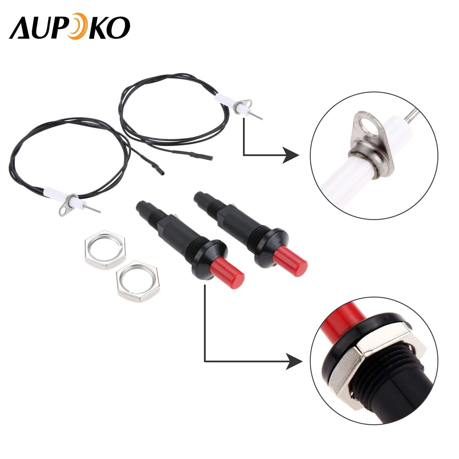 Aupoko 2 Sets Piezo Spark Ignition with Cable Push Button Igniter, Type of 1 Out 2 Electrode 200 Degree Resistance Wire, Fit for Gas Fireplace Gas Oven Gas Heater lgniter Ceramic Kitchen Lighter - Image 2