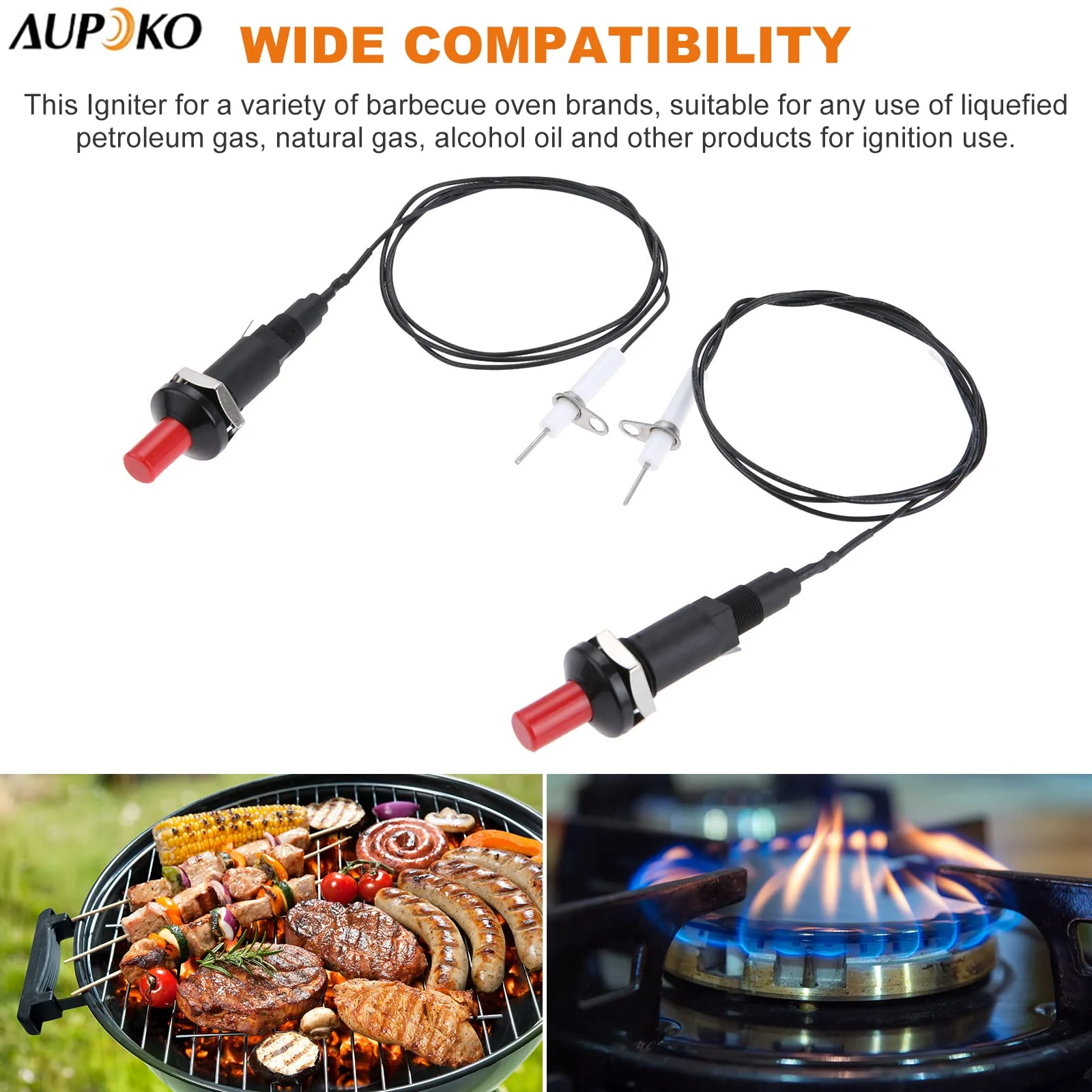 Aupoko 2 Sets Piezo Spark Ignition with Cable Push Button Igniter, Type of 1 Out 2 Electrode 200 Degree Resistance Wire, Fit for Gas Fireplace Gas Oven Gas Heater lgniter Ceramic Kitchen Lighter - Image 6