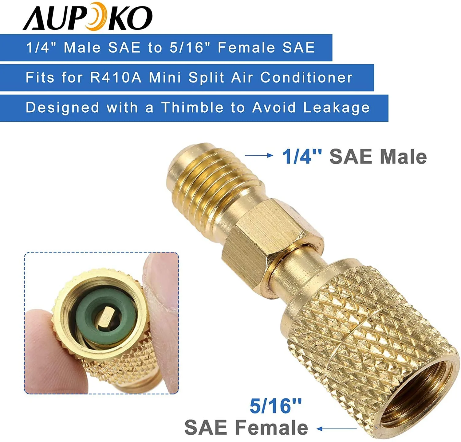 Aupoko R410A Charging Vacuum Port Adapter Kit, 2PC 45 Degree Angled and 90 Degree Charging Vacuum Adapters, 2PC R410A Straight Swivel Adapters, 5/16" Female to 1/4" Male Flare for Mini Split System - Image 5