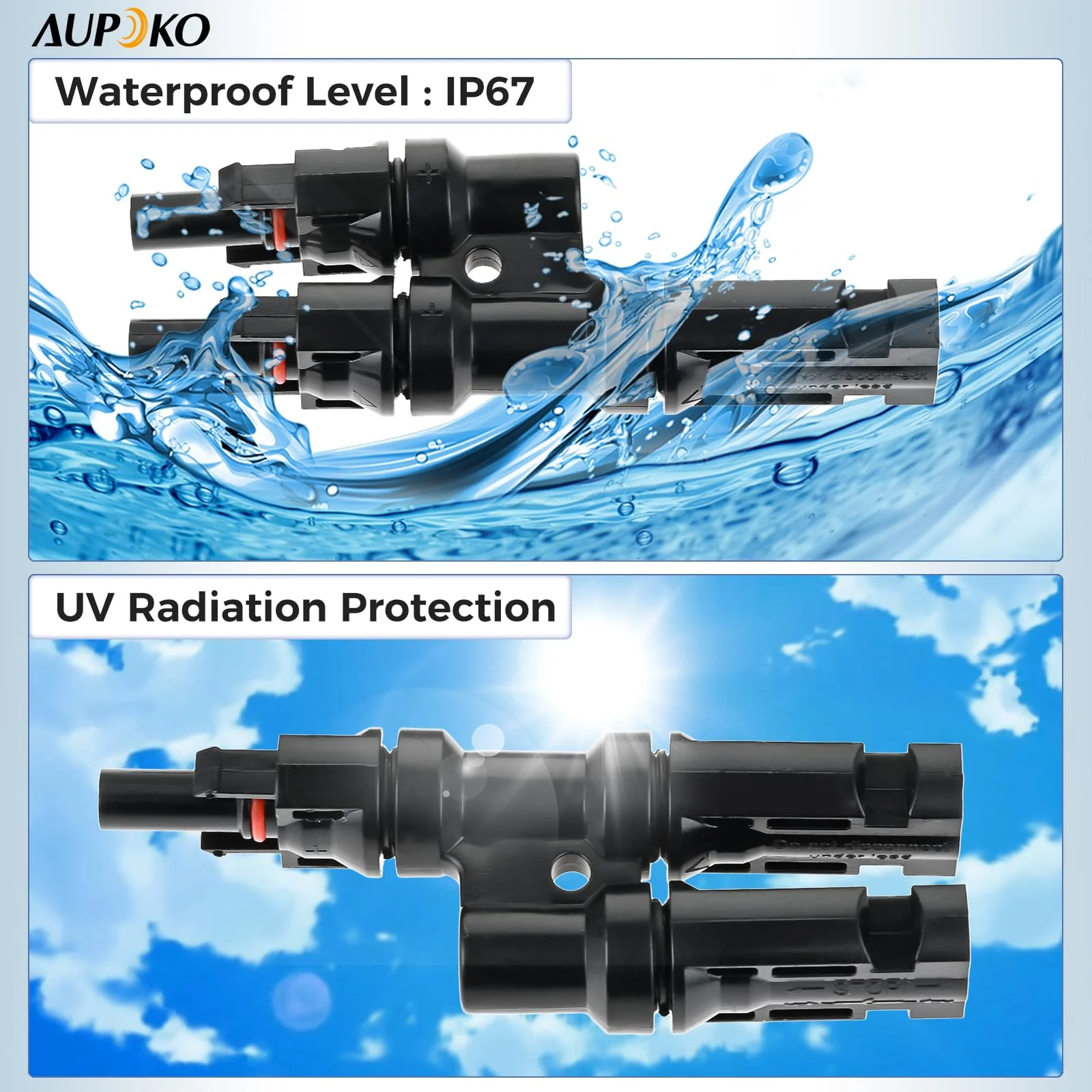 Aupoko T Branch Connectors, Solar IP67 Waterproof Adapter Cable 2 to 1 Compatible with Multi-Connector 4, Solar T Branch Connectors MMF+FFM for Solar Panel and Photovoltaic Systems - Image 8