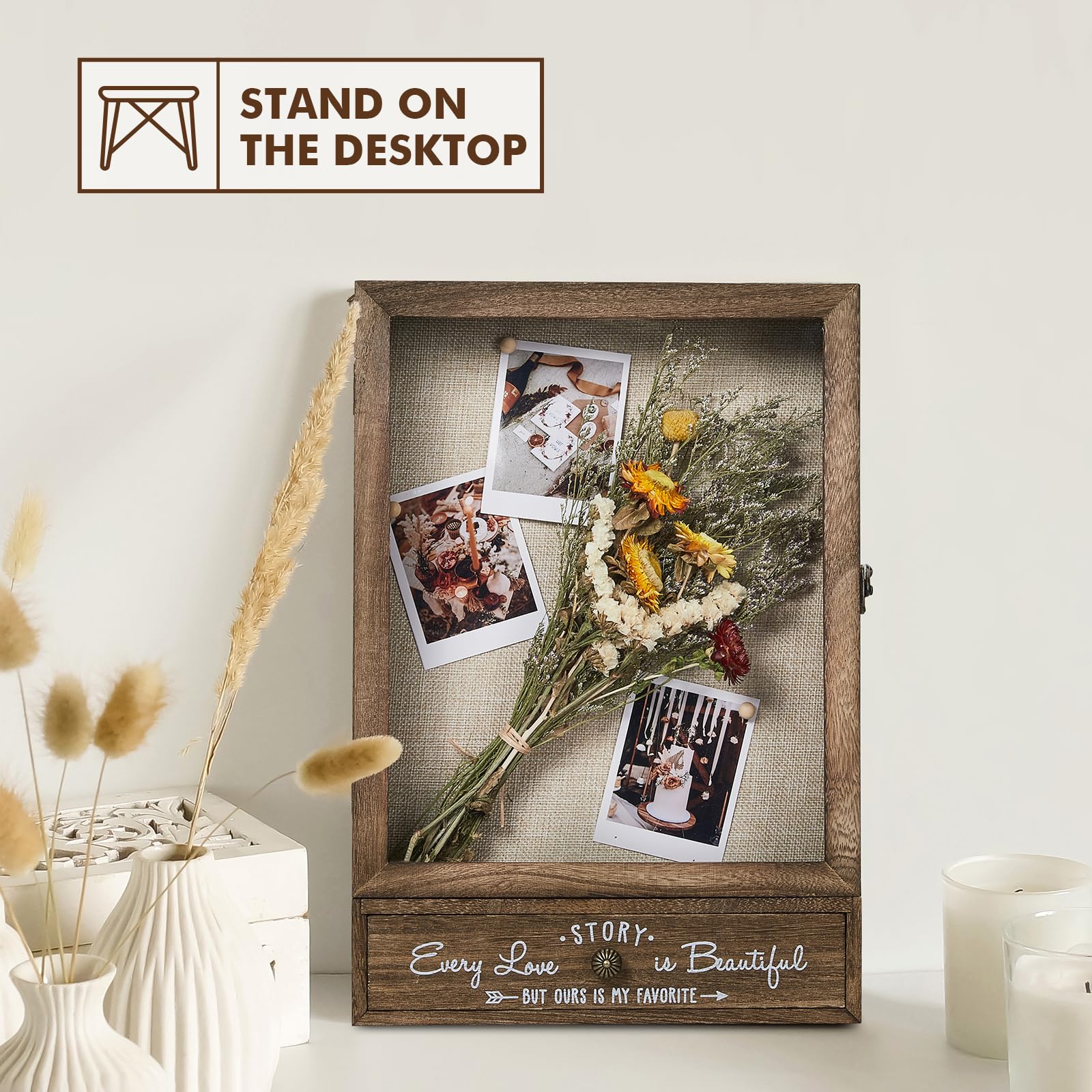 AW BRIDAL 11X16 Large Shadow Box Picture Frames Deep Shadow Boxes Display Cases with Removable Shelves and Drawers, Brown Wooden Memory Boxes for Keepsakes with Slot Christmas Decorations Gifts - Image 8