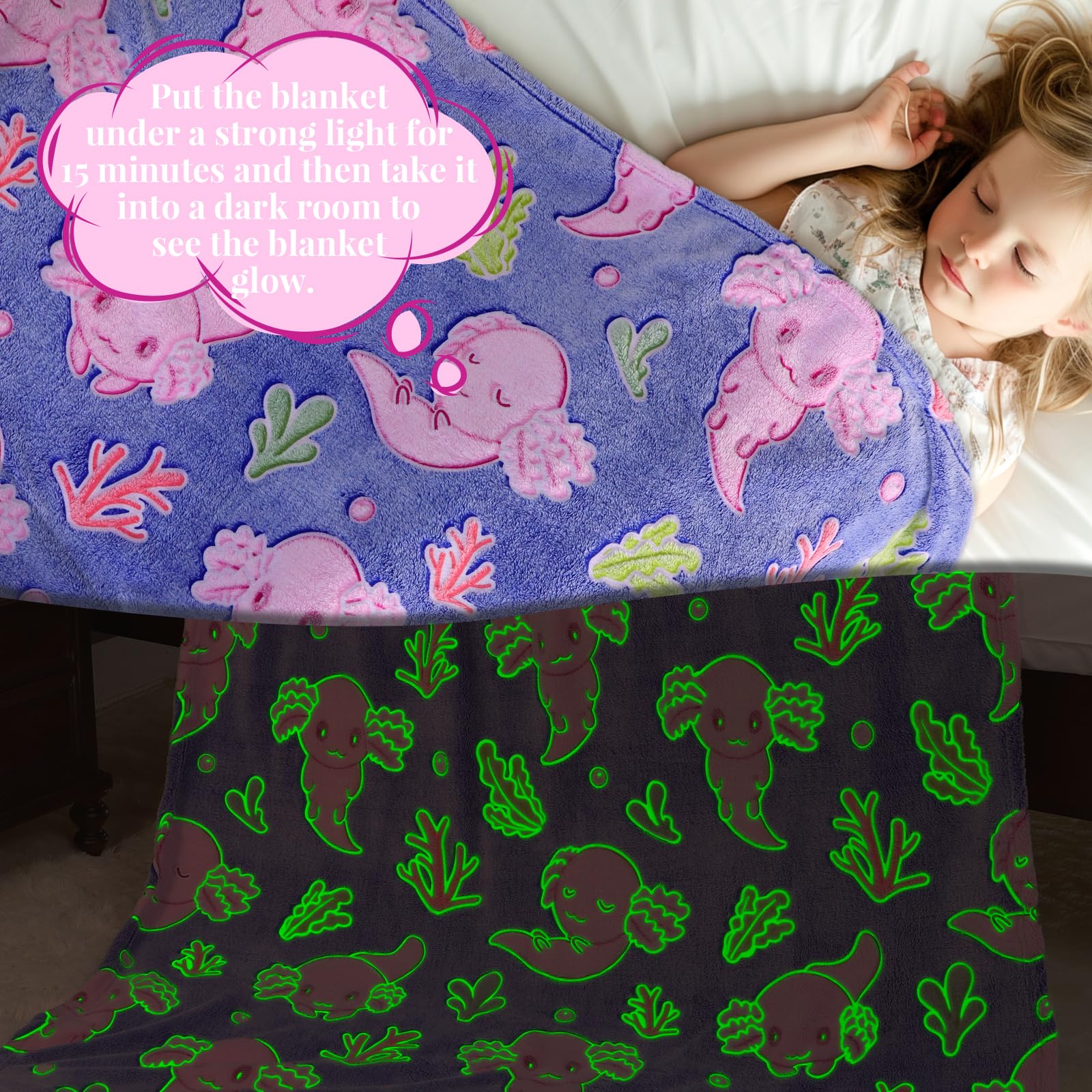 Axolotl Blanket for Girls - Axolotl Gifts Toys for 2 3 4 5 6 7 8 9 10 Year Old Girls Boys - Glow in The Dark Salamander Blanket Christmas Birthday Presents for Toddlers Teens Couch Bed 50"x 60" - Image 3