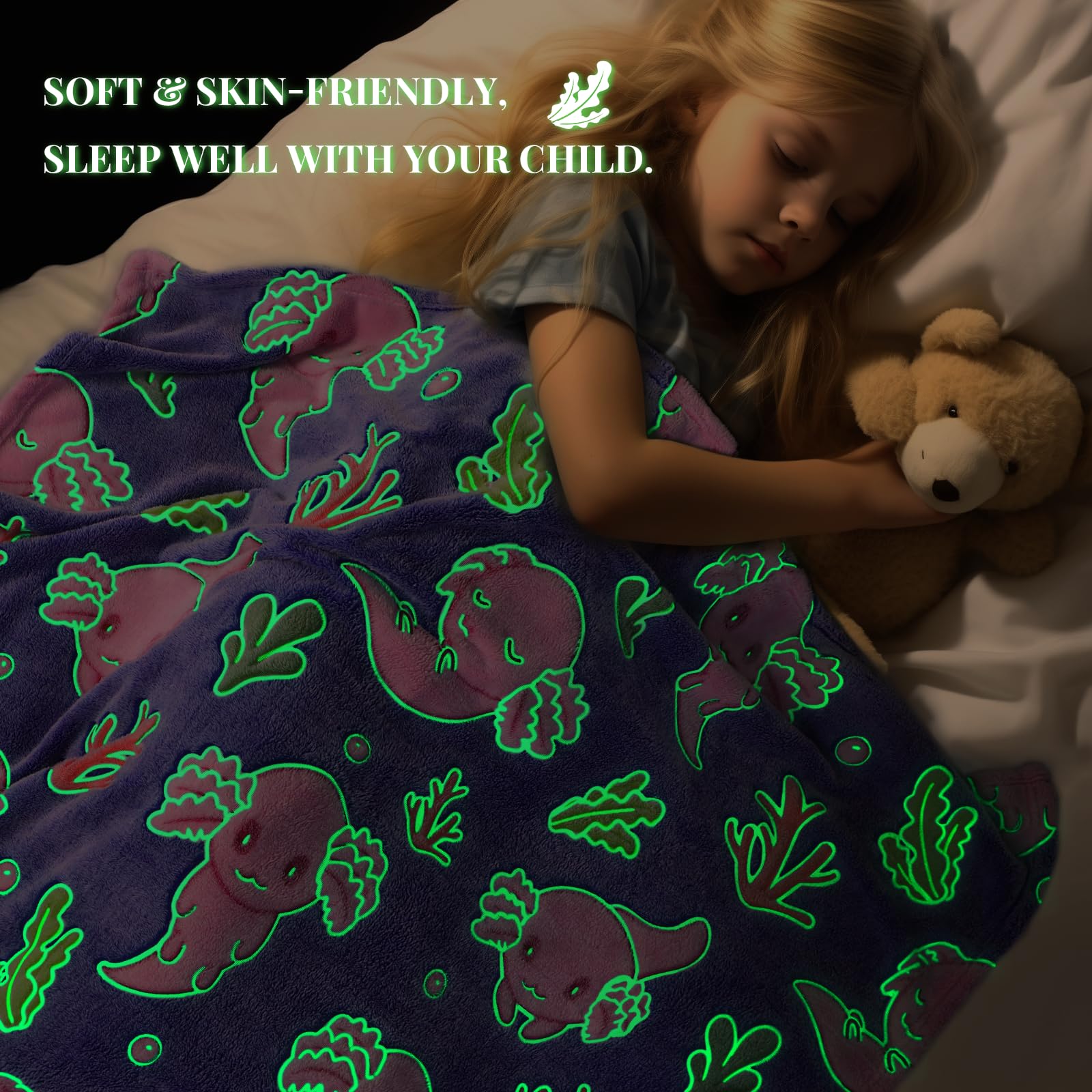 Axolotl Blanket for Girls - Axolotl Gifts Toys for 2 3 4 5 6 7 8 9 10 Year Old Girls Boys - Glow in The Dark Salamander Blanket Christmas Birthday Presents for Toddlers Teens Couch Bed 50"x 60" - Image 5