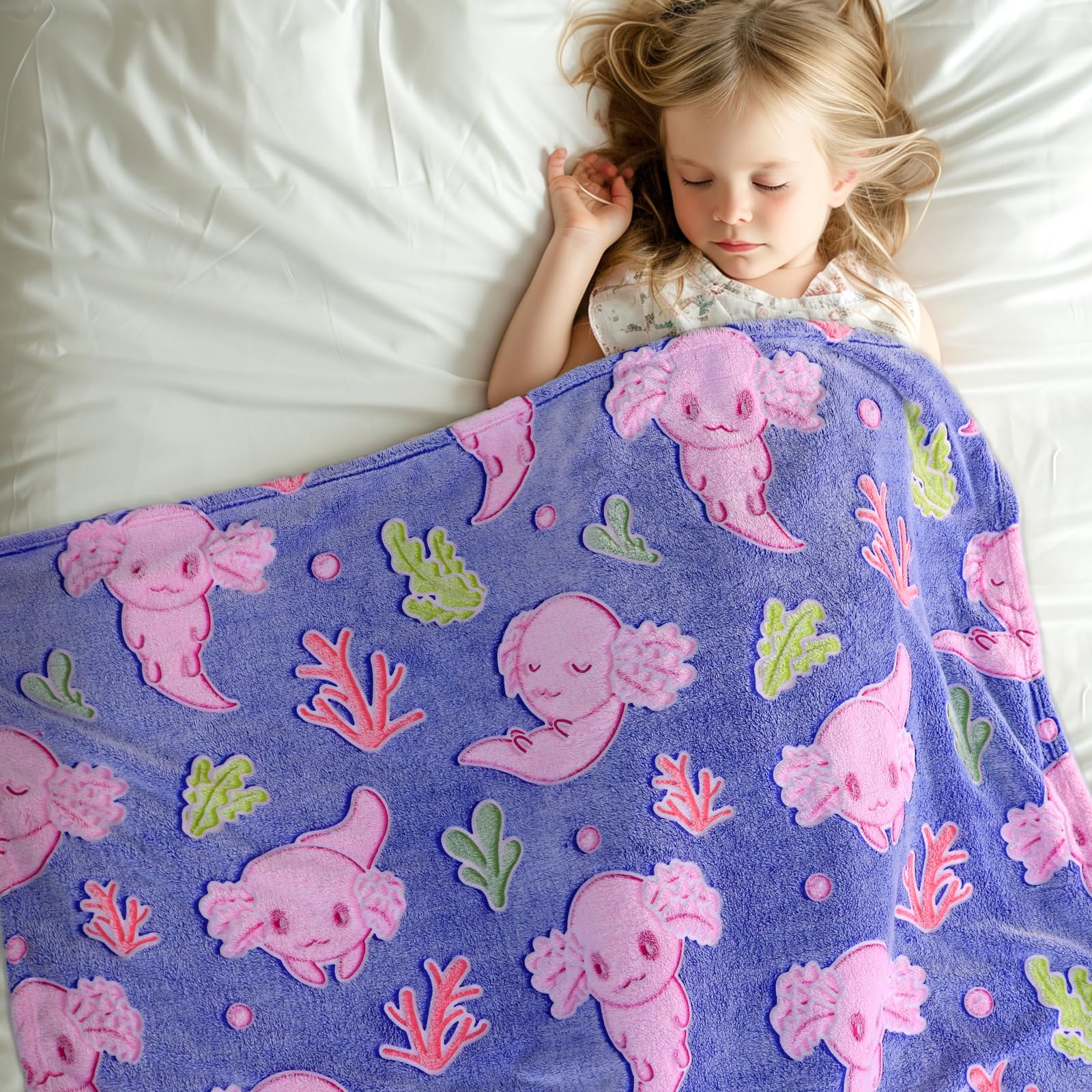 Axolotl Blanket for Girls - Axolotl Gifts Toys for 2 3 4 5 6 7 8 9 10 Year Old Girls Boys - Glow in The Dark Salamander Blanket Christmas Birthday Presents for Toddlers Teens Couch Bed 50"x 60" - Image 6