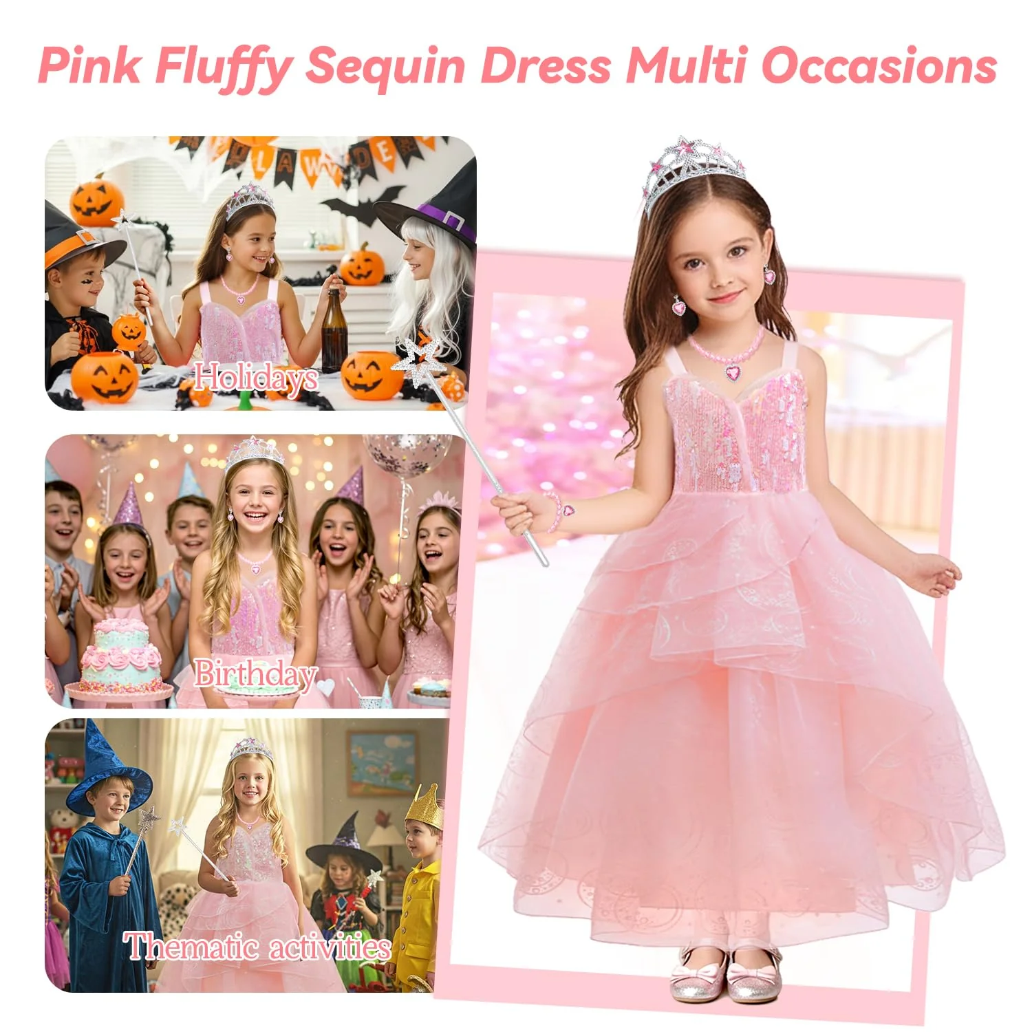 Axwcon Wicked Glinda Dress Costume for Girls, Pink Tulle and Sequin Witch Dress for Kids Christmas、Halloween Cosplay Costumes - Image 2