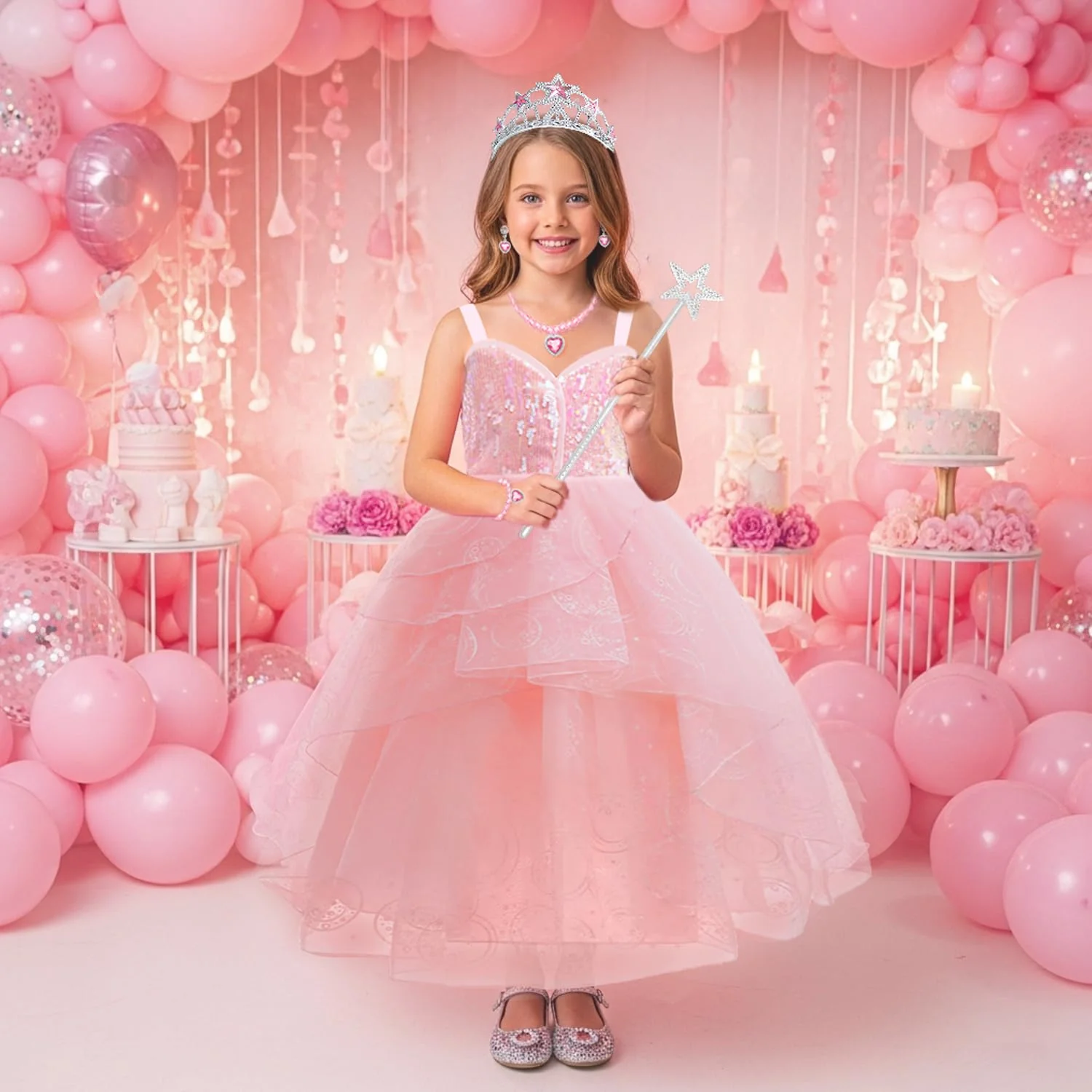 Axwcon Wicked Glinda Dress Costume for Girls, Pink Tulle and Sequin Witch Dress for Kids Christmas、Halloween Cosplay Costumes - Image 3