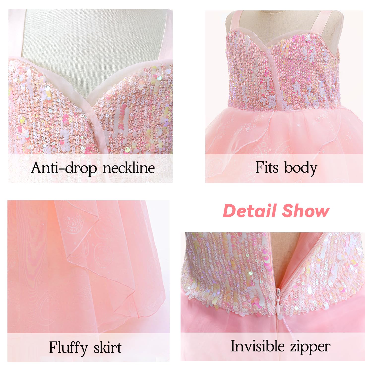 Axwcon Wicked Glinda Dress Costume for Girls, Pink Tulle and Sequin Witch Dress for Kids Christmas、Halloween Cosplay Costumes - Image 4