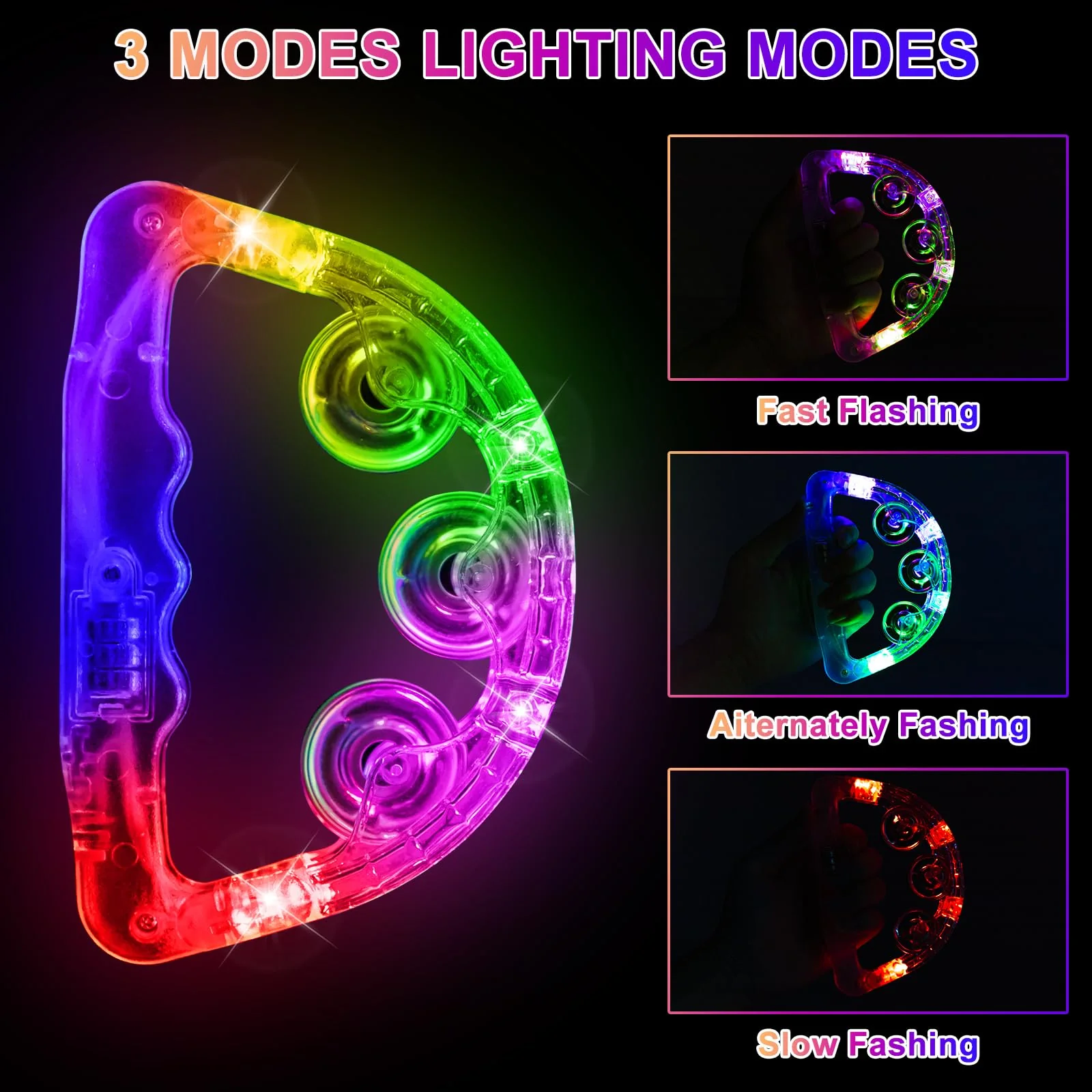 Aywewii LED Tambourines Christmas Glow in The Dark Party Supplies Musical Instruments for Kids & Adults, 3 Modes of Color Flashing, Light Up Toys for Birthday Wedding Concert Carnival - Image 2