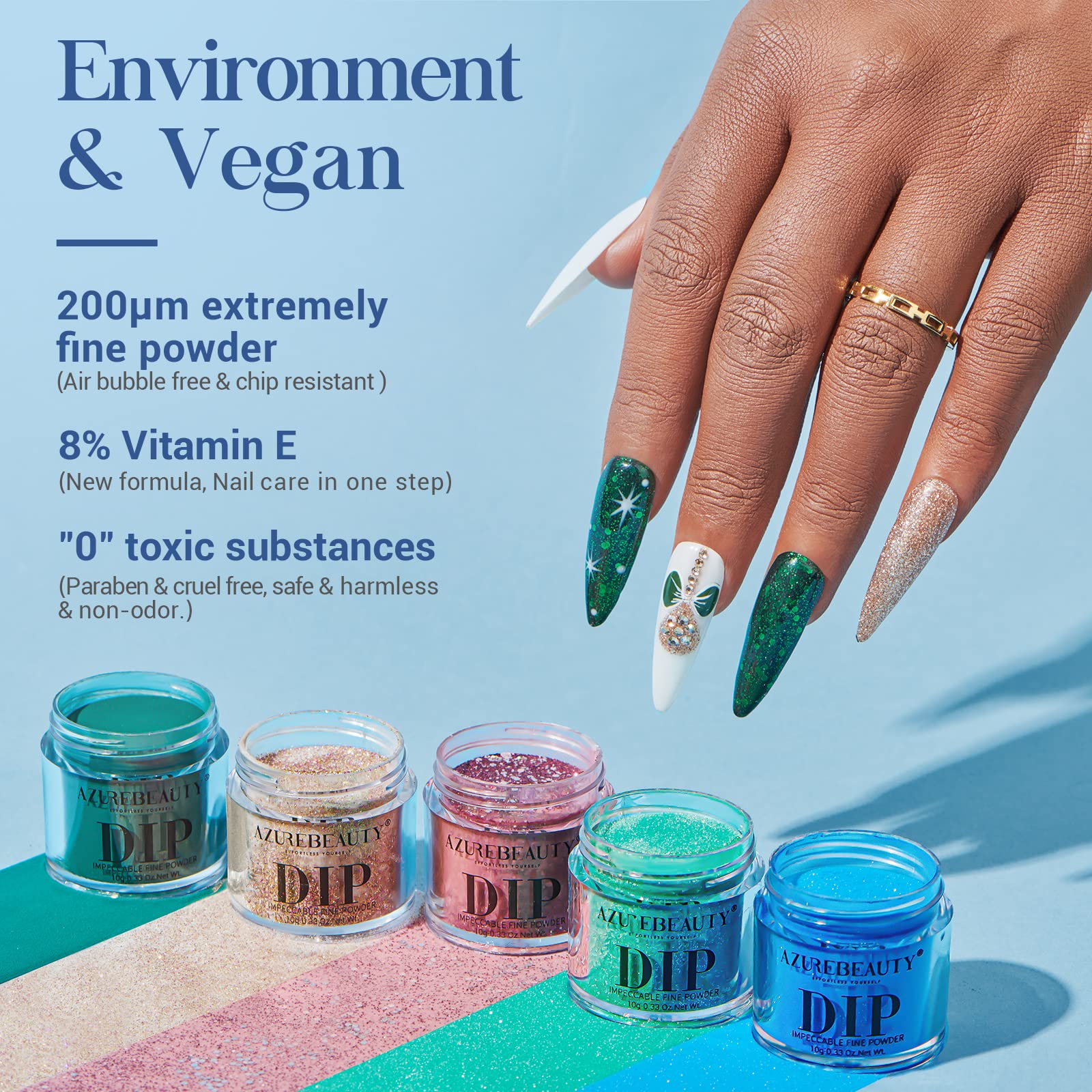 AZUREBEAUTY 31 Pcs Dip Powder Nail Kit Starter 20 Colors Glitter Nude Green Mermaid Serie Dip Powders Liquid Set with Base Top Coat Activator French Nails Art Manicure DIY Salon Christmas Gift - Image 3
