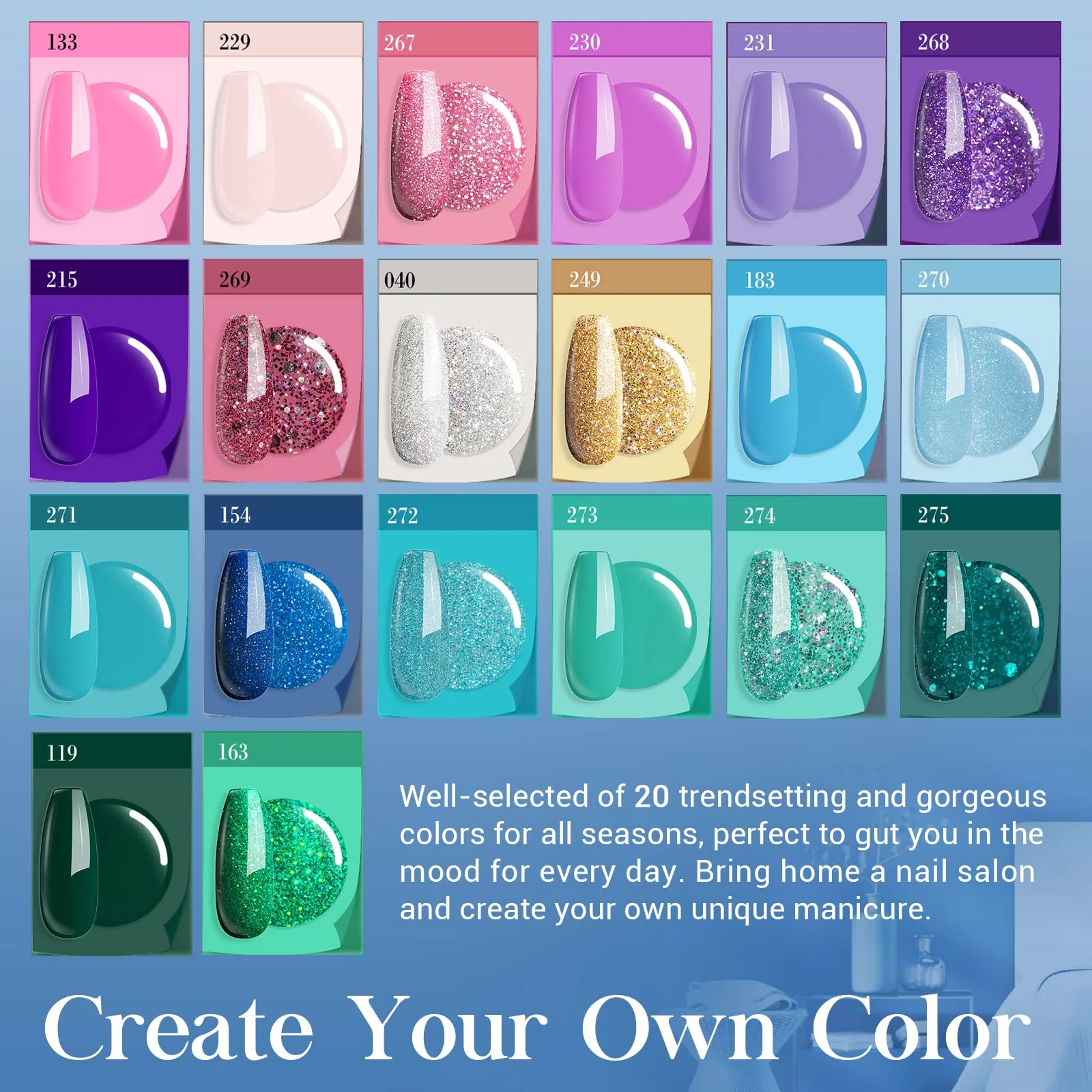 AZUREBEAUTY 31 Pcs Dip Powder Nail Kit Starter 20 Colors Glitter Nude Green Mermaid Serie Dip Powders Liquid Set with Base Top Coat Activator French Nails Art Manicure DIY Salon Christmas Gift - Image 5