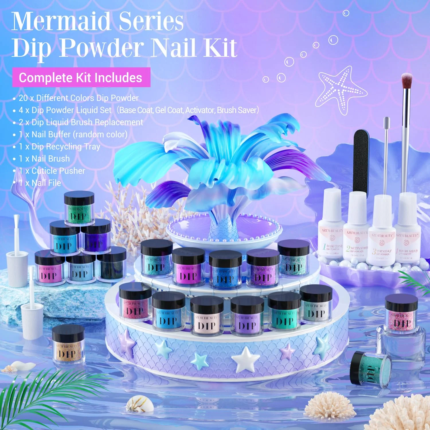 AZUREBEAUTY 31 Pcs Dip Powder Nail Kit Starter 20 Colors Glitter Nude Green Mermaid Serie Dip Powders Liquid Set with Base Top Coat Activator French Nails Art Manicure DIY Salon Christmas Gift - Image 6