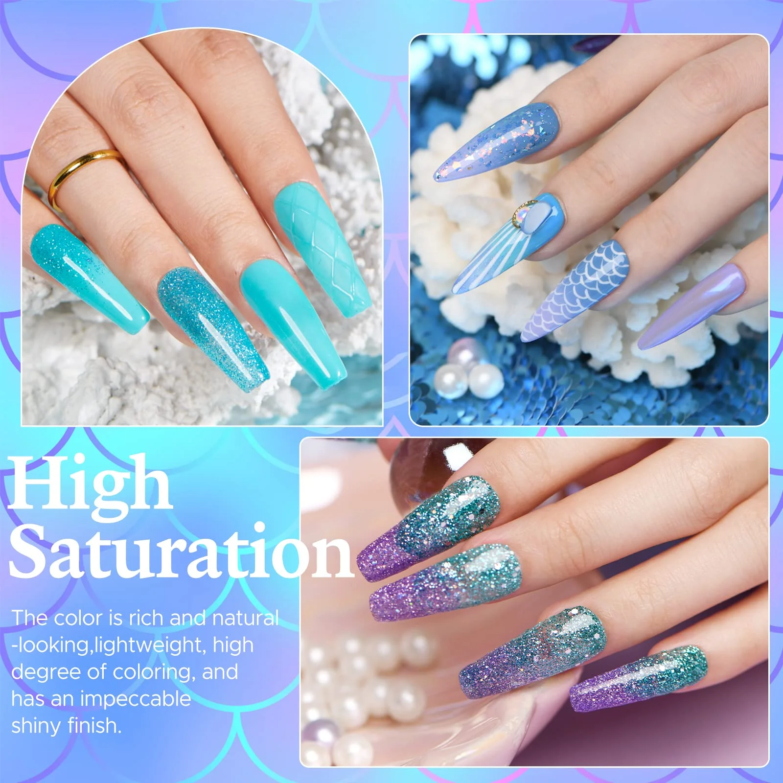 AZUREBEAUTY 31 Pcs Dip Powder Nail Kit Starter 20 Colors Glitter Nude Green Mermaid Serie Dip Powders Liquid Set with Base Top Coat Activator French Nails Art Manicure DIY Salon Christmas Gift - Image 8
