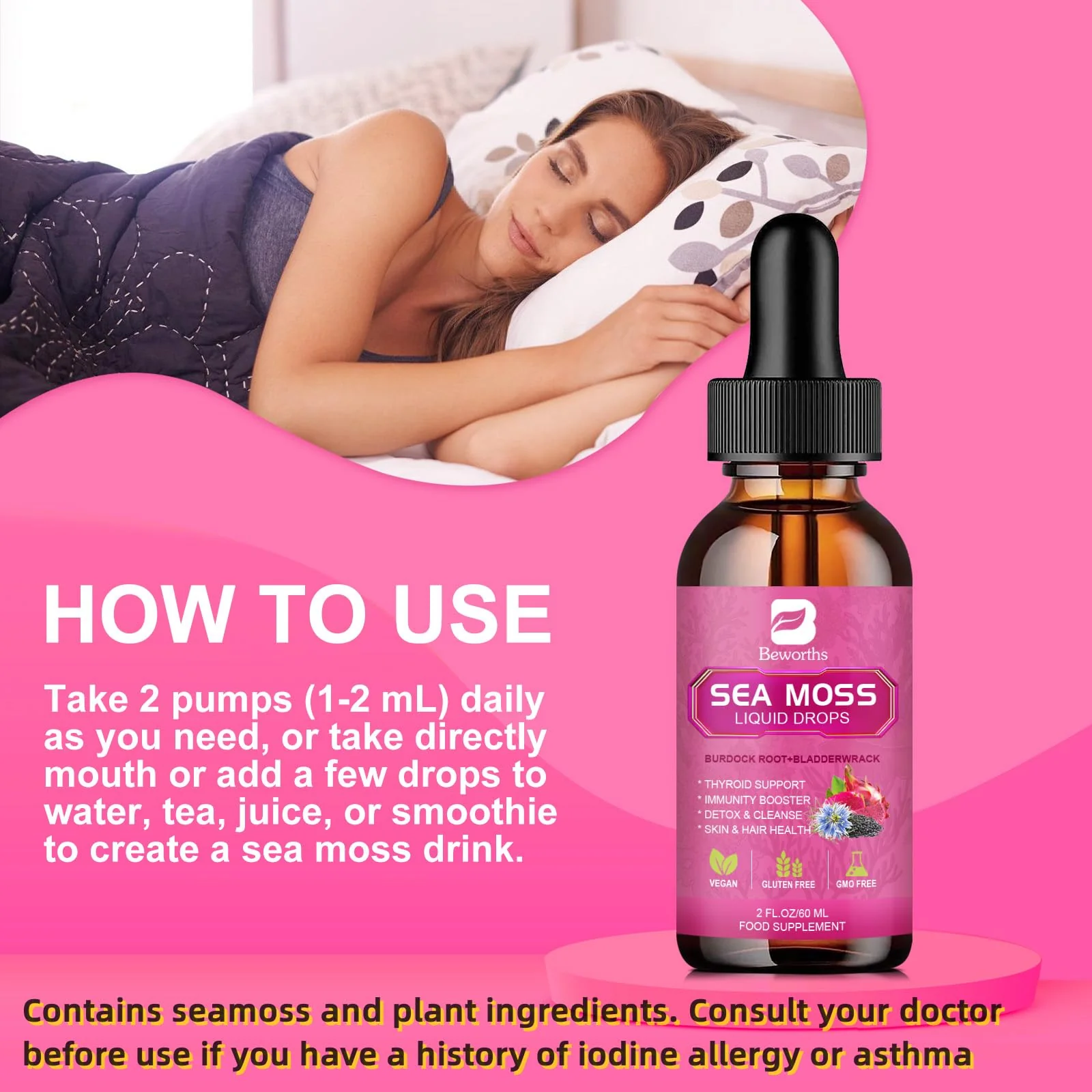 B BEWORTHS Sea Moss Liquid Drops - Organic Black Seed Oil Irish Sea Moss Gel with Burdock Root, Bladderwrack, Elderberry, Vitamin C, D3, 6X Stronger Seamoss Gel for Digestive, Hair Health - Vegan - Image 5