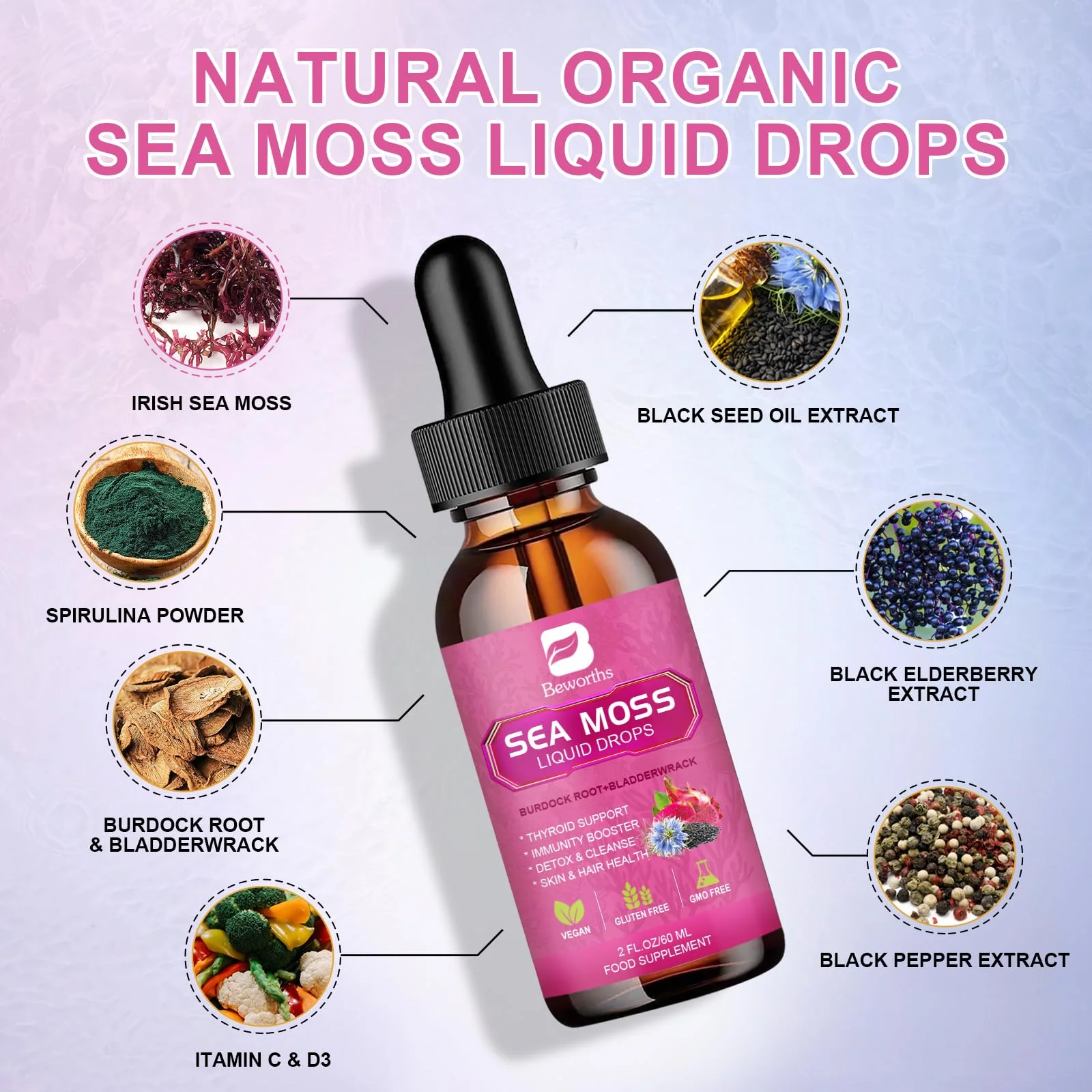 B BEWORTHS Sea Moss Liquid Drops - Organic Black Seed Oil Irish Sea Moss Gel with Burdock Root, Bladderwrack, Elderberry, Vitamin C, D3, 6X Stronger Seamoss Gel for Digestive, Hair Health - Vegan - Image 9