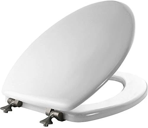MAYFAIR 1844BNA 000 Toilet Seat with Brushed Nickel Hinges will Never Come Loose, ELONGATE, White - Brushed Nickel