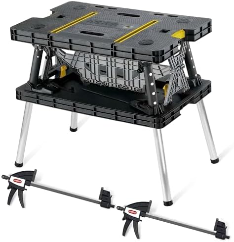 Keter Folding Work Table, Portable Workbench w/ 12" Clamps for Garage/Wood Shop - Heavy-Duty and All-Weather for DIY Home Improvements and Worksites
