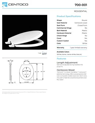 Centoco Wooden Toilet Seat Round, Closed Front with Cover, Residential, Made in the USA, 700-001, White - Image 7
