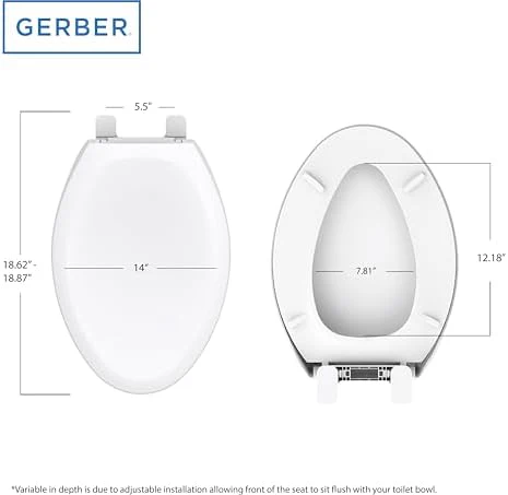 Gerber Elongated Toilet Seat with Cover, Soft Close, No Slam, Quick & Easy Install, Heavy-Duty Plastic, Adjustable Fit for Standard Elongated Toilets, Durable & Fade-Resistant, White G0099213 - Image 2