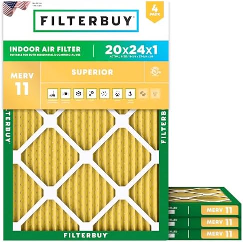 Filterbuy 20x24x1 Air Filter MERV 11 Allergen Defense (4-Pack), Pleated HVAC AC Furnace Air Filters Replacement (Actual Size: 19.38 x 23.38 x 0.75 Inches)
