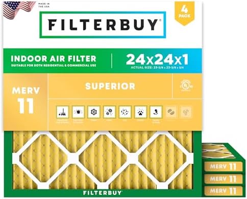 Filterbuy 24x24x1 Air Filter MERV 11 Allergen Defense (4-Pack), Pleated HVAC AC Furnace Air Filters Replacement (Actual Size: 23.38 x 23.38 x 0.75 Inches)
