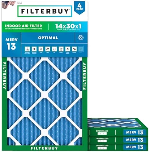 Filterbuy 14x30x1 Air Filter MERV 13 Optimal Defense (4-Pack), Pleated HVAC AC Furnace Air Filters Replacement (Actual Size: 13.88 x 29.88 x 0.75 Inches)