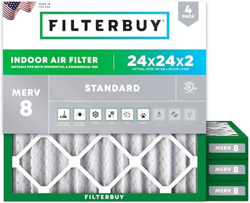 Filterbuy 24x24x2 Air Filter MERV 8 Dust Defense (4-Pack), Pleated HVAC AC Furnace Air Filters Replacement (Actual Size: 23.38 x 23.38 x 1.75 Inches)