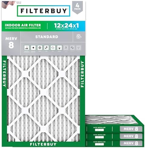 Filterbuy 12x24x1 Air Filter MERV 8 Dust Defense (4-Pack), Pleated HVAC AC Furnace Air Filters Replacement (Actual Size: 11.50 x 23.50 x 0.75 Inches)