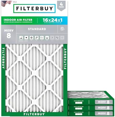Filterbuy 16x24x1 Air Filter MERV 8 Dust Defense (4-Pack), Pleated HVAC AC Furnace Air Filters Replacement (Actual Size: 15.38 x 23.38 x 0.75 Inches)
