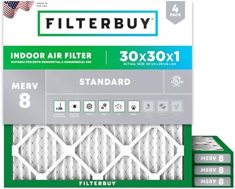 Filterbuy 30x30x1 Air Filter MERV 8 Dust Defense (4-Pack), Pleated HVAC AC Furnace Air Filters Replacement (Actual Size: 29.50 x 29.50 x 0.75 Inches)