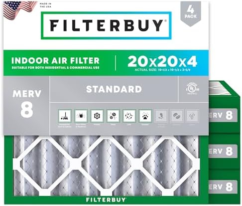 Filterbuy 20x20x4 Air Filter MERV 8 Dust Defense (4-Pack), Pleated HVAC AC Furnace Air Filters Replacement (Actual Size: 19.50 x 19.50 x 3.63 Inches)