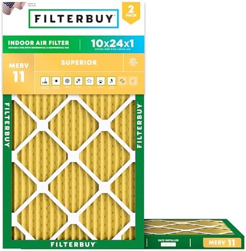 Filterbuy 10x24x1 Air Filter MERV 11 Allergen Defense (2-Pack), Pleated HVAC AC Furnace Air Filters Replacement (Actual Size: 9.50 x 23.50 x 0.75 Inches)