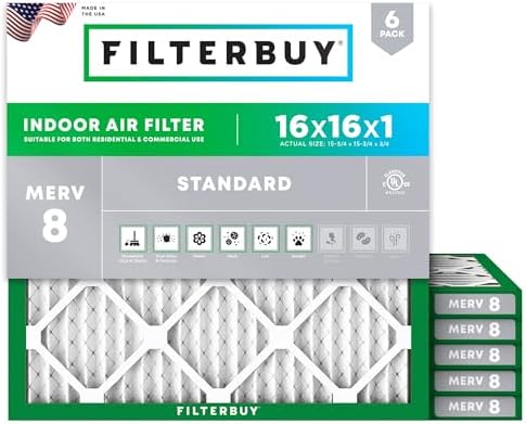 Filterbuy 16x16x1 Air Filter MERV 8 Dust Defense (6-Pack), Pleated HVAC AC Furnace Air Filters Replacement (Actual Size: 15.75 x 15.75 x 0.75 Inches)