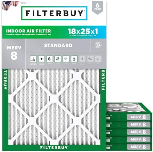 Filterbuy 18x25x1 Air Filter MERV 8 Dust Defense (6-Pack), Pleated HVAC AC Furnace Air Filters Replacement (Actual Size: 17.50 x 24.50 x 0.75 Inches)